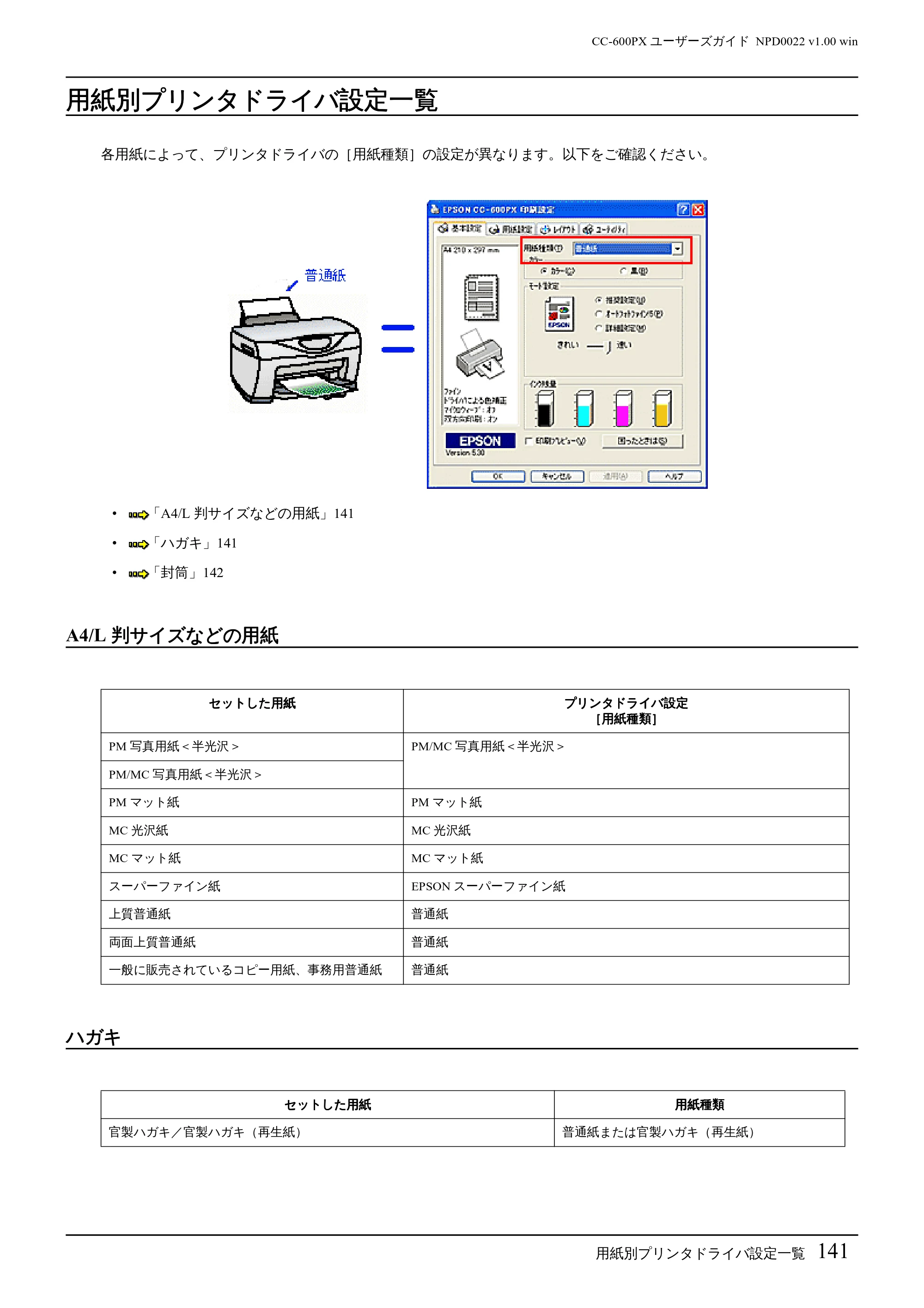 エプソン CC-600PX ユーザーズガイド for Windows — 用紙別プリンタドライバ設定一覧 — 原本ページ — 141ページ