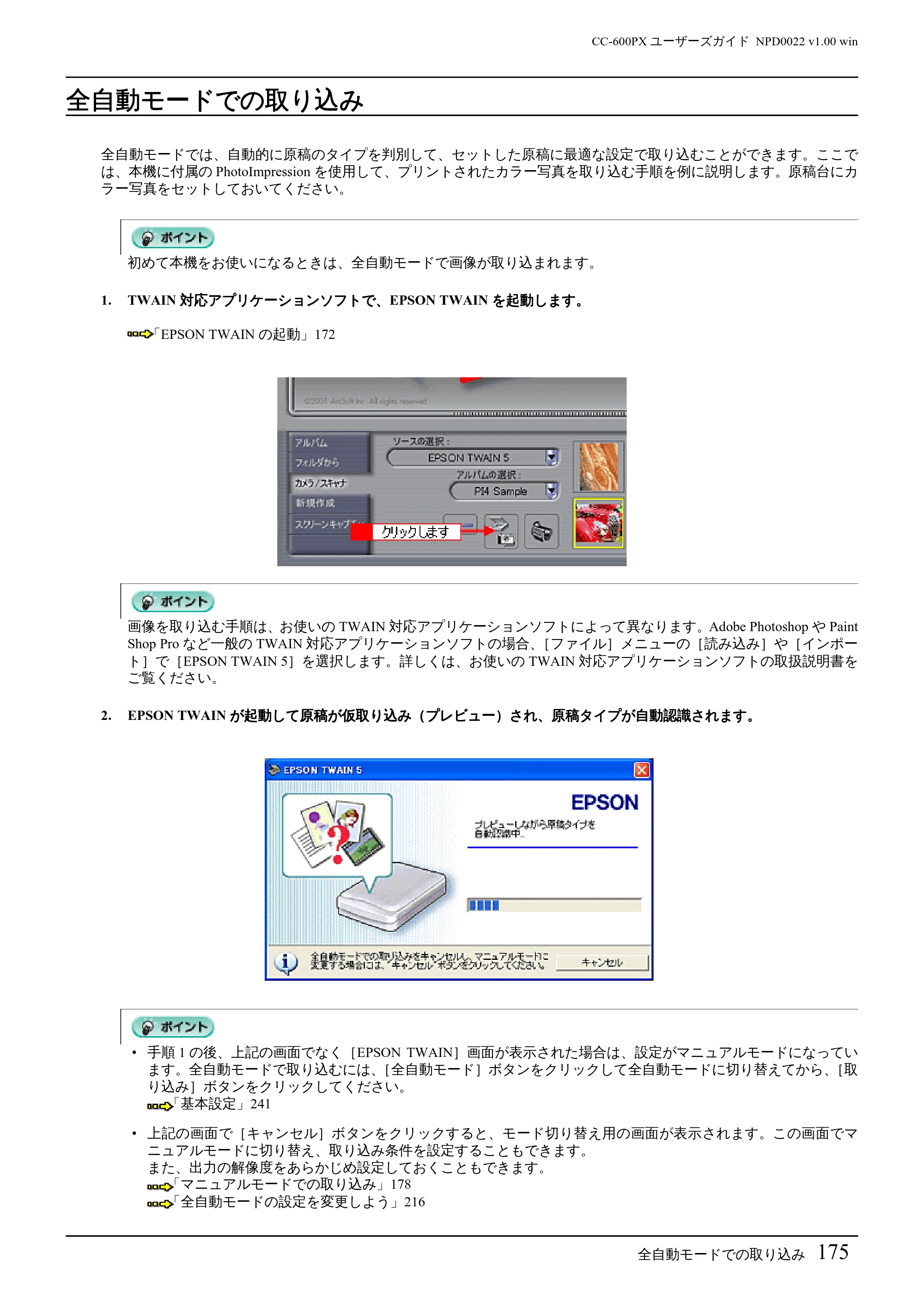 エプソン CC-600PX ユーザーズガイド for Windows — 全自動モードでの取り込み — 原本ページ — 175ページ