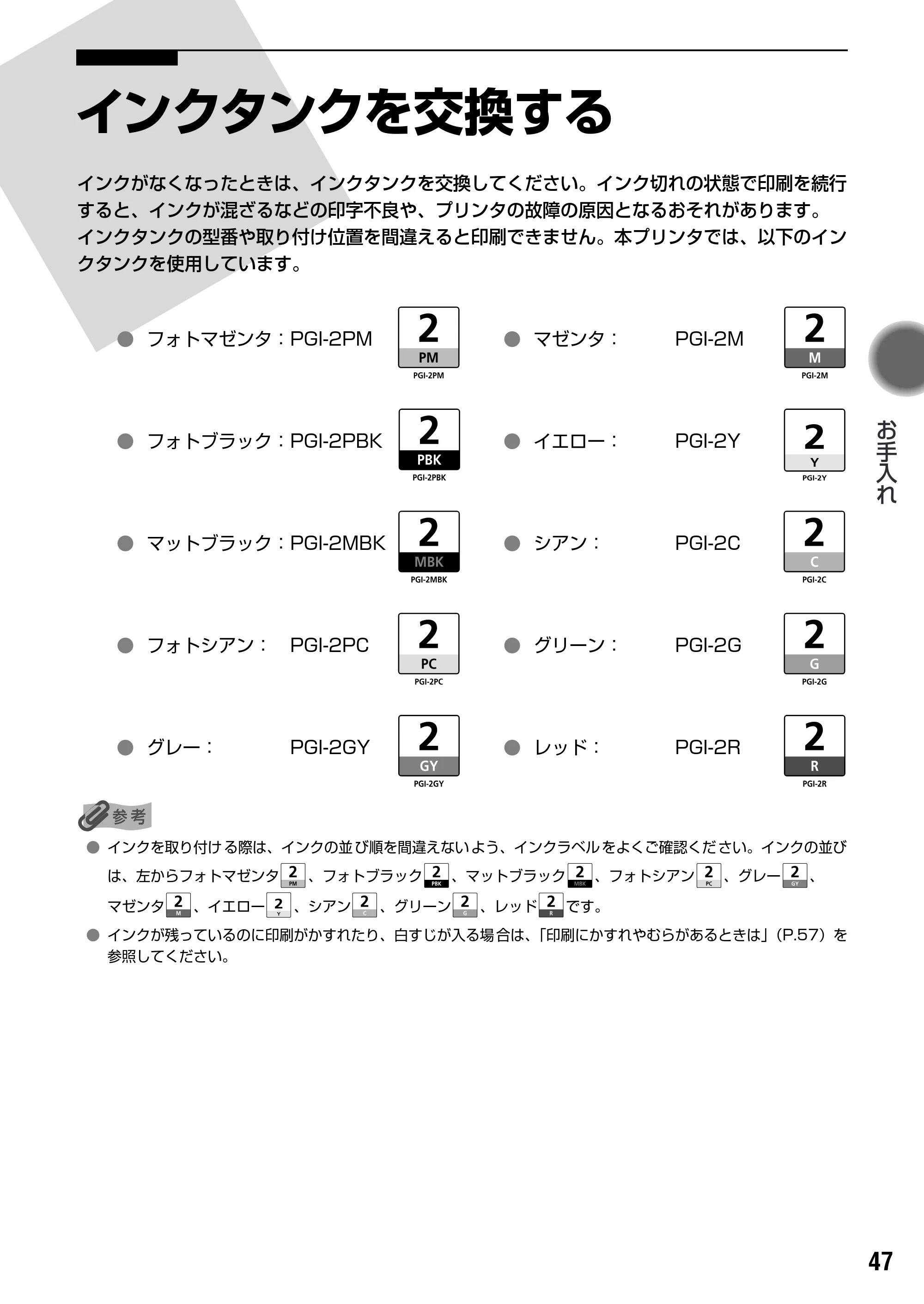キヤノン PIXUS Pro9500 基本操作ガイド （PDF形式／9.48Mバイト） — インクタンクを交換する — 原本ページ — 49ページ