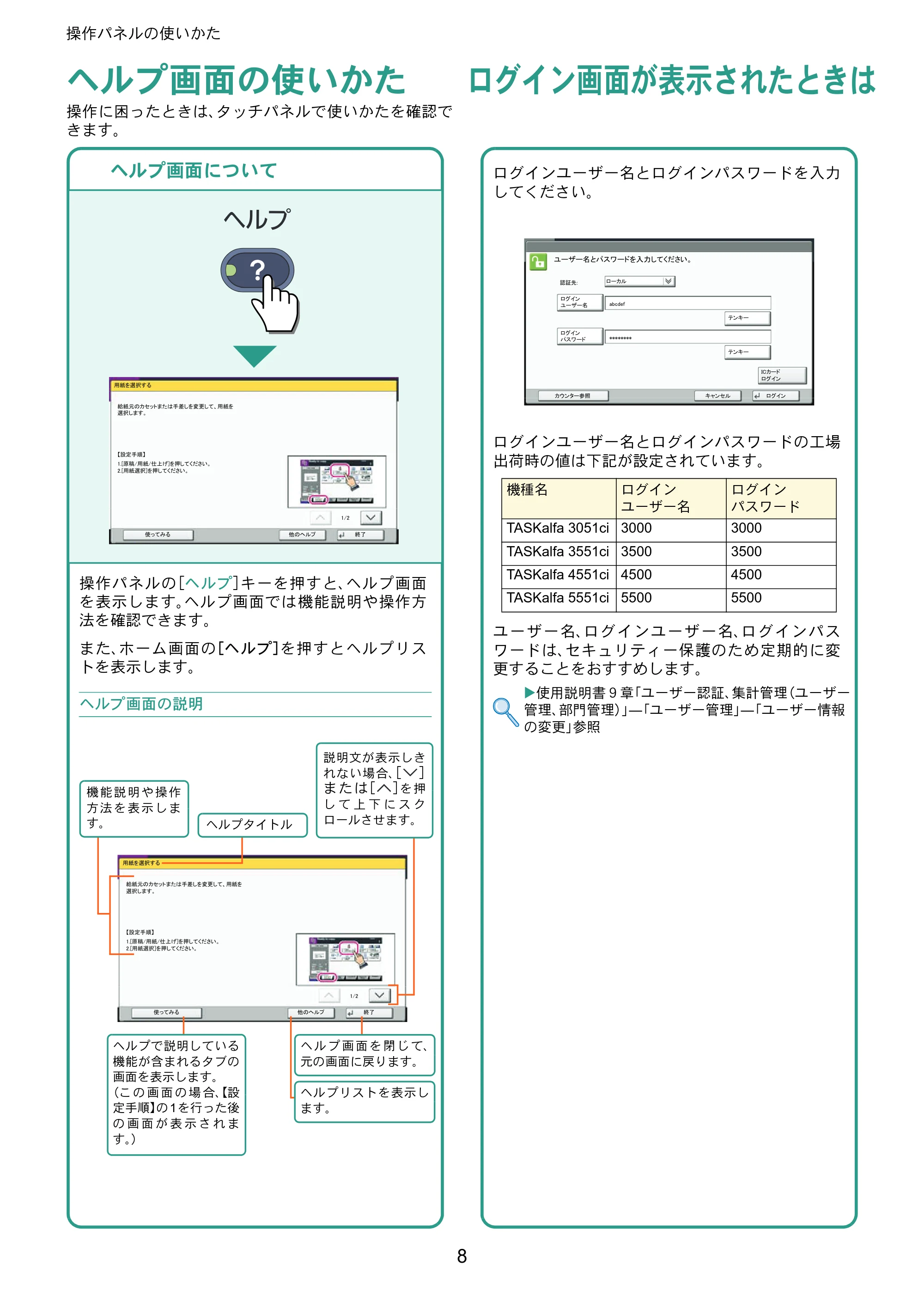 京セラ TASKalfa 3051ci / TASKalfa 3551ci / TASKalfa 4551ci TASKalfa 5551ci/4551ci/3551ci/3051ci クイックガイド — ヘルプ画面の使いかた — 原本ページ — 8ページ