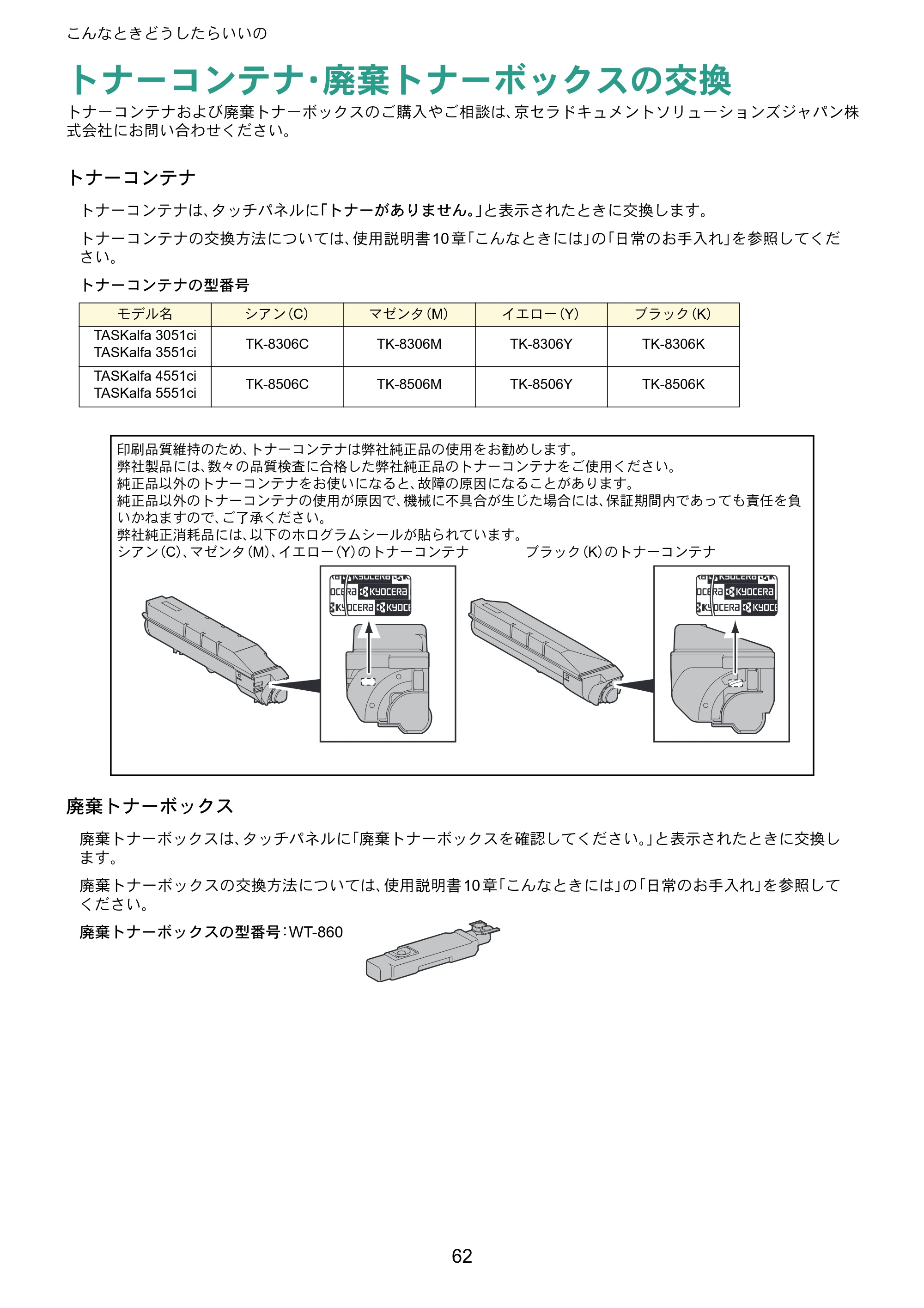 京セラ TASKalfa 3051ci / TASKalfa 3551ci / TASKalfa 4551ci TASKalfa 5551ci/4551ci/3551ci/3051ci クイックガイド — トナーコンテナ・廃棄トナーボックスの交換 — 原本ページ — 62ページ