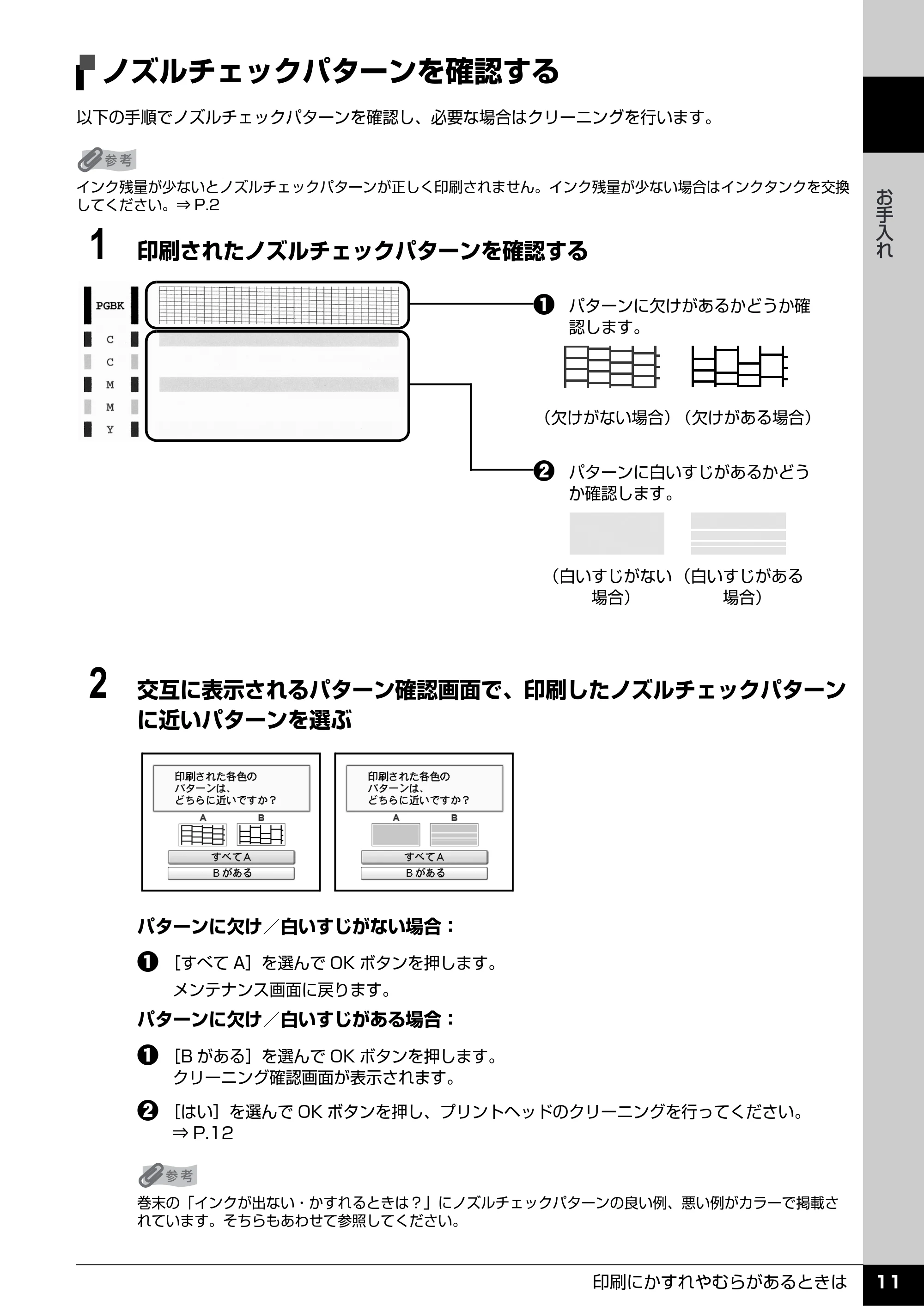 キヤノン PIXUS MP520 操作ガイド(お手入れ編) (PDF形式/8.04Mバイト) — ノズルチェックパターンを確認する — 原本ページ — 12ページ