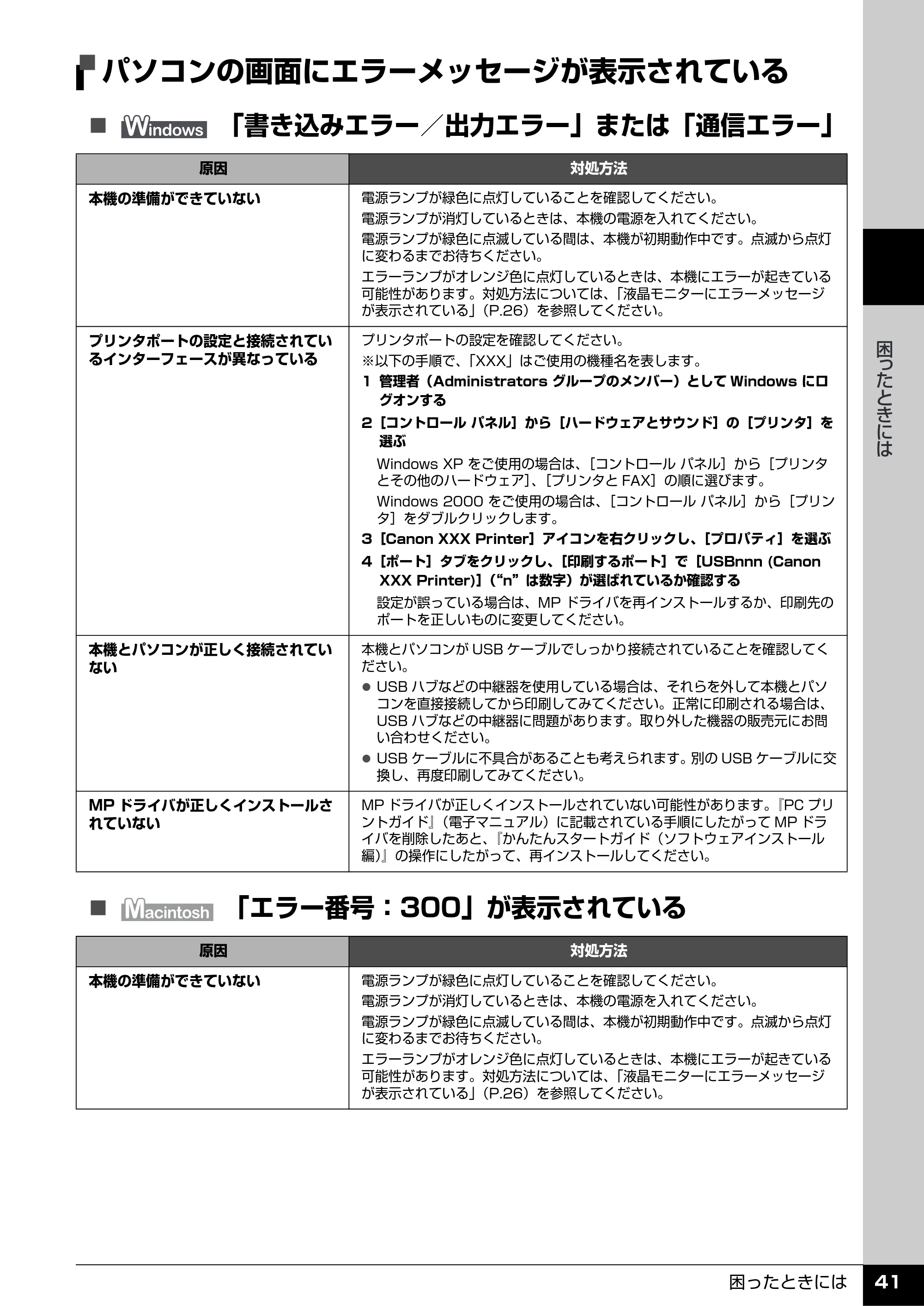キヤノン PIXUS MP520 操作ガイド（お手入れ編） （PDF形式／8.04Mバイト） — パソコンの画面にエラーメッセージが表示されている — 原本ページ — 42ページ