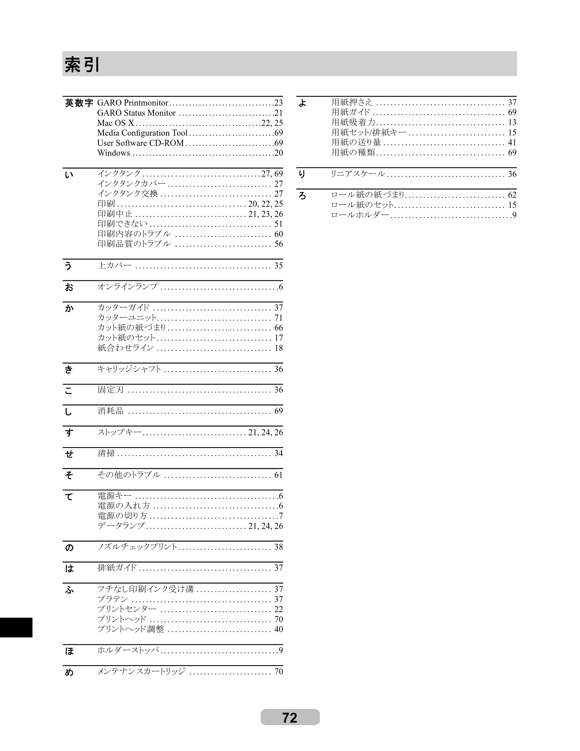 キヤノン iPF8000/9000 リファレンスガイド （PDF形式／5.88Mバイト） — 索引 — 原本ページ — 72ページ