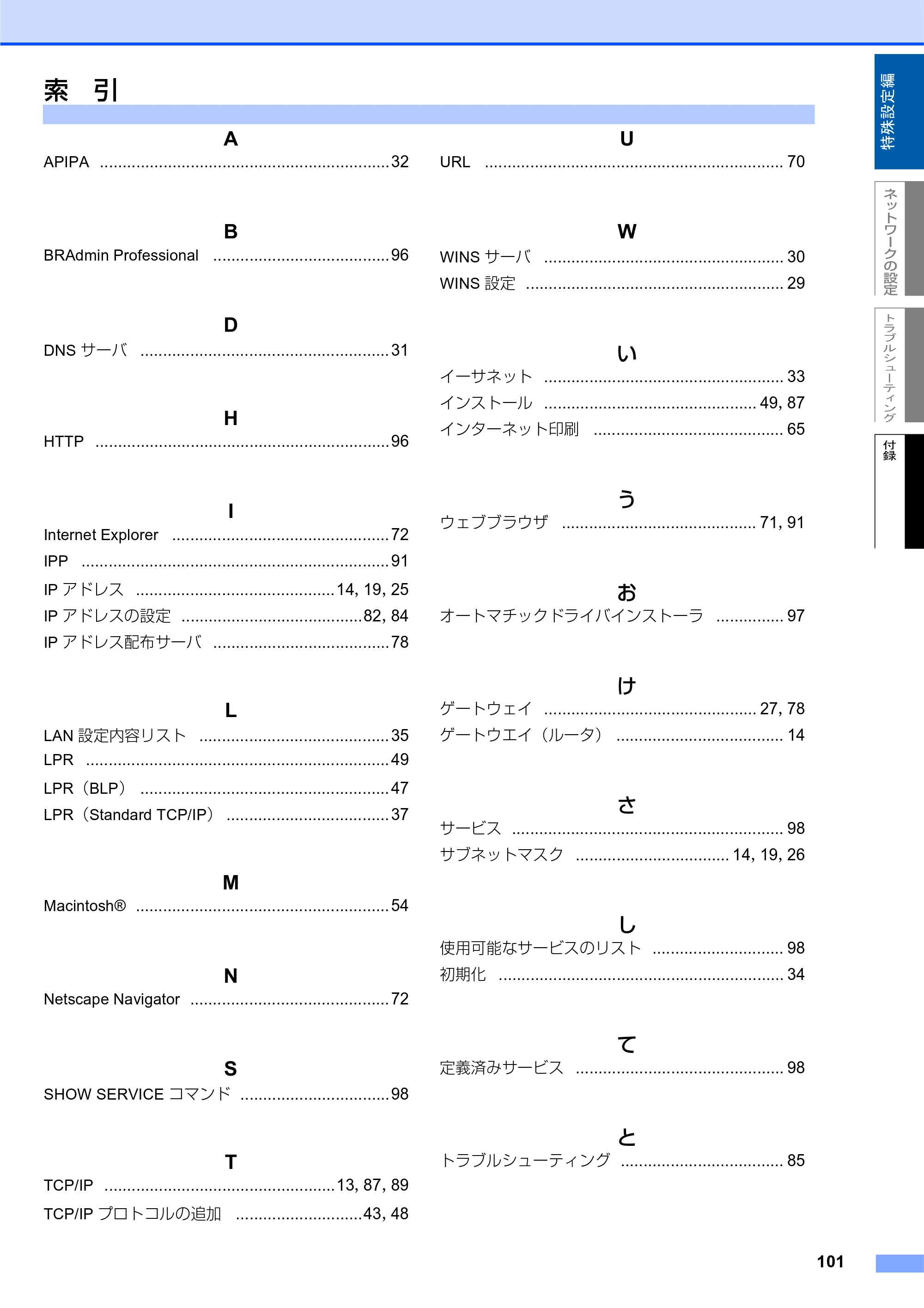 ブラザー MFC-7820N ネットワーク取扱説明書 — 索 引 — 原本ページ — 102ページ