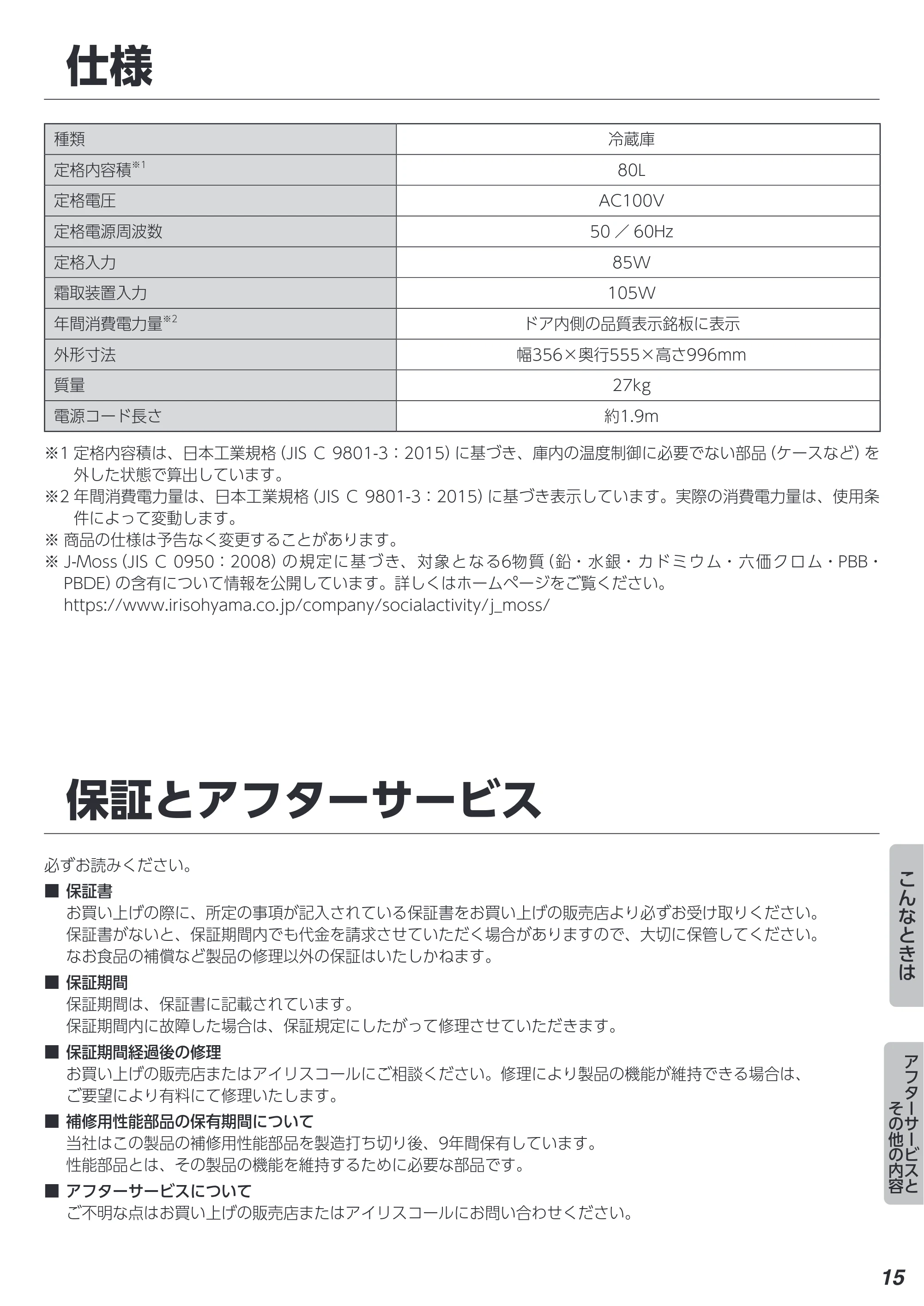 アイリスオーヤマ IRSN-8A 取扱説明書 — 原本ページ — 15ページ