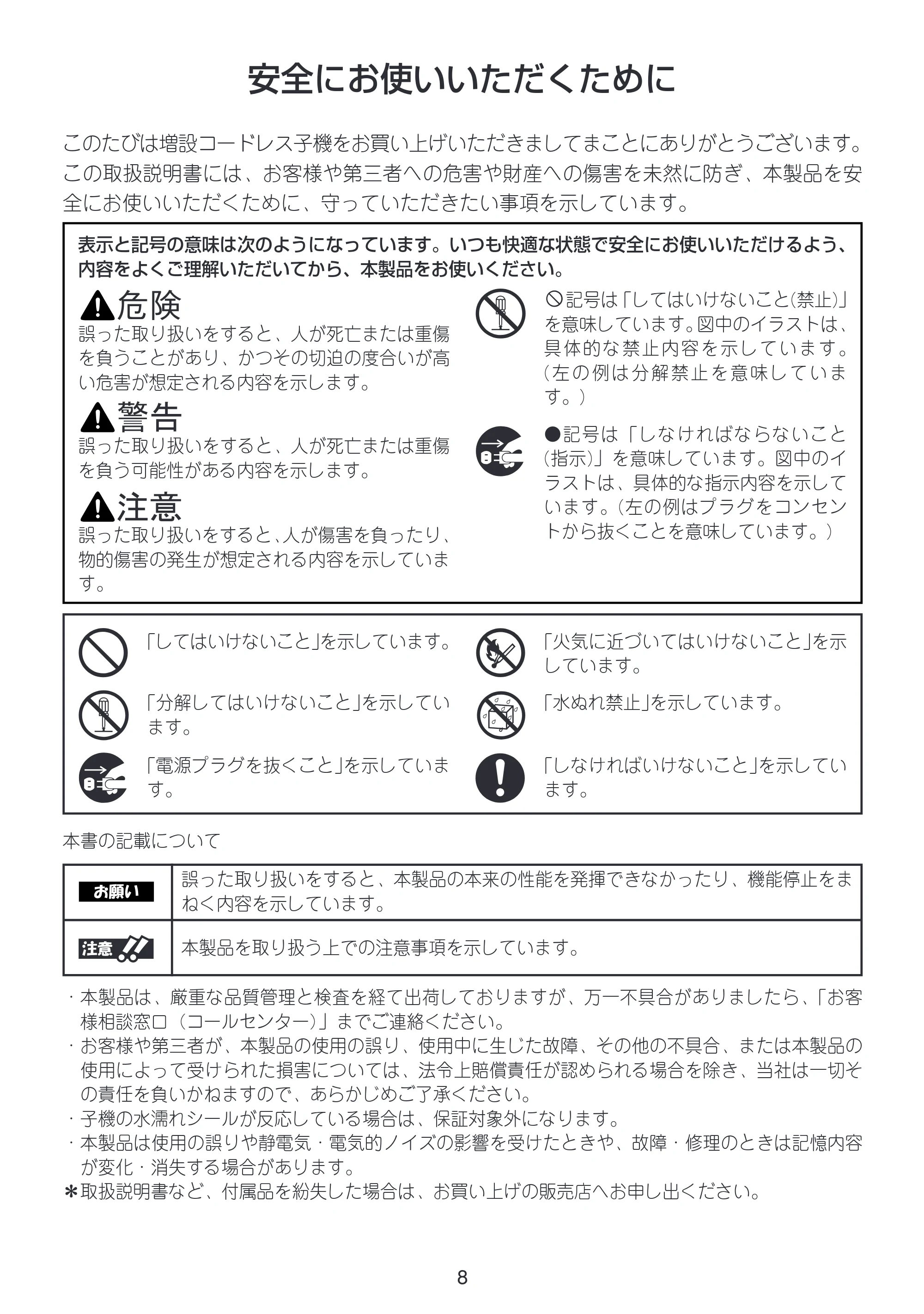 ブラザー MFC-675CD / MFC-675CDW / MFC-695CDN / MFC-695CDWN / MFC-735CD / MFC-735CDW 増設コードレス子機取扱説明書 — 安全にお使いいただくために — 原本ページ — 8ページ
