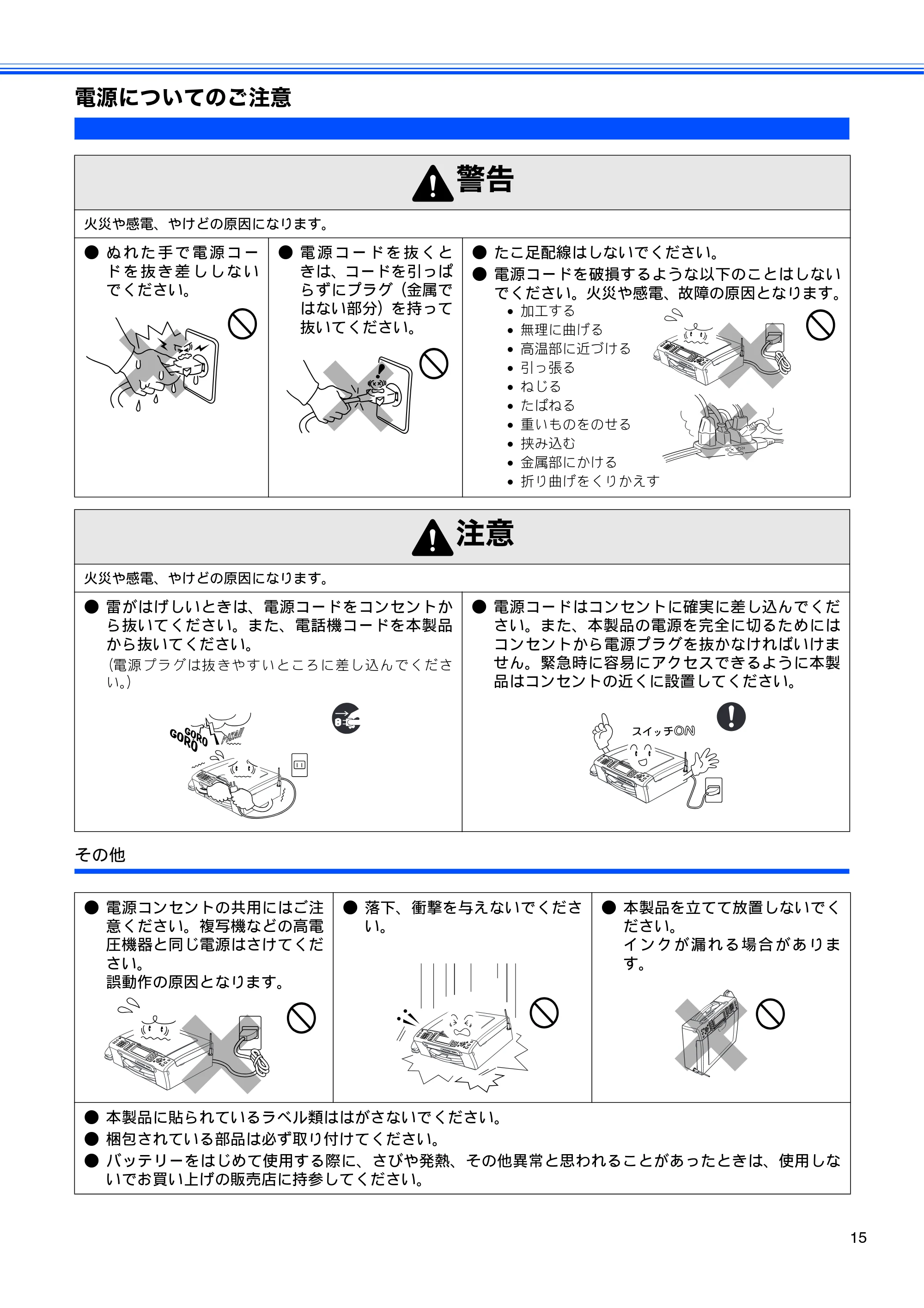 ブラザー MFC-650CD / MFC-650CDW / MFC-870CDN / MFC-870CDWN / MFC-880CDN / MFC-880CDWN 取扱説明書(本体) — 電源についてのご注意 — 原本ページ — 17ページ