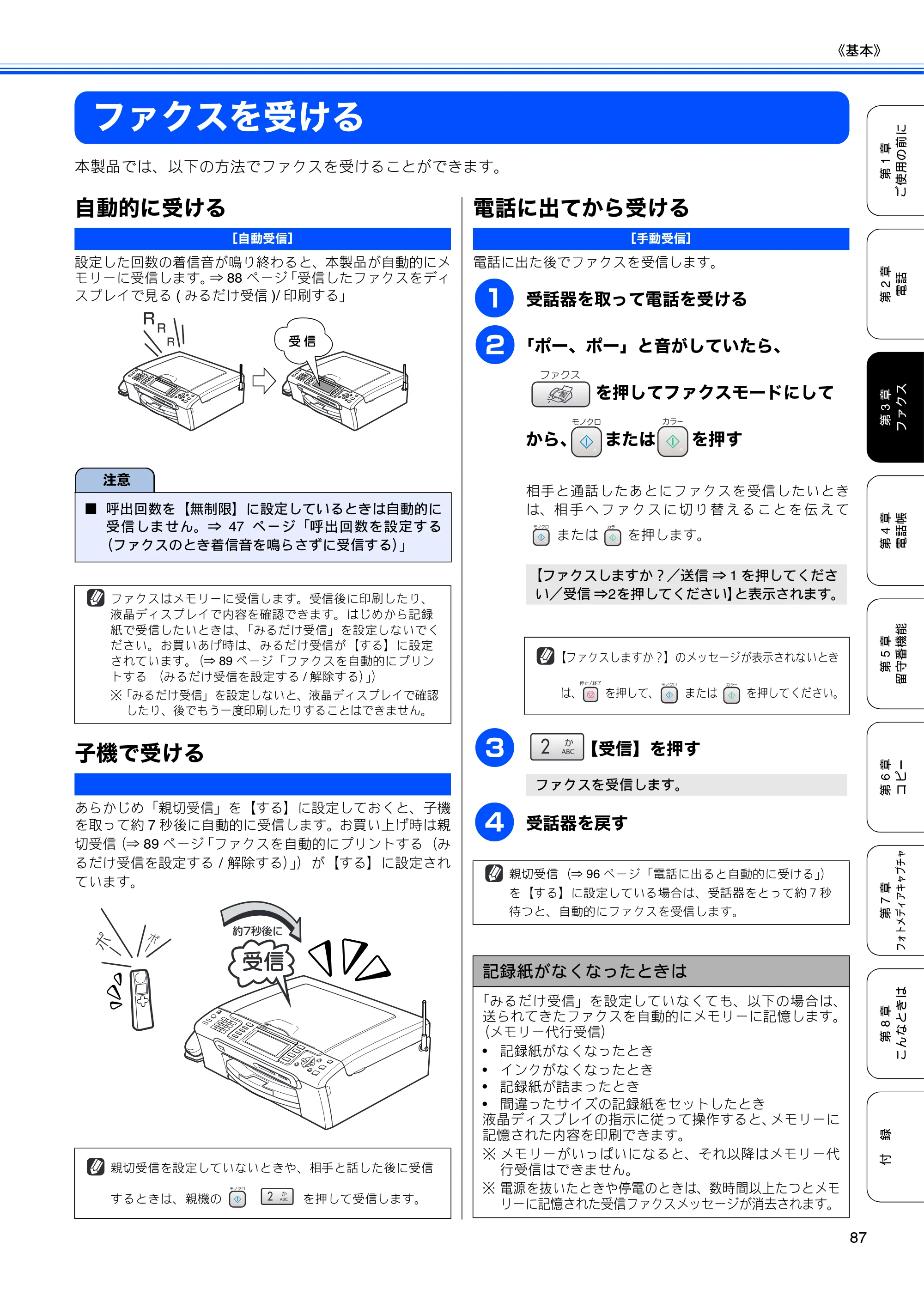 ブラザー MFC-650CD / MFC-650CDW / MFC-870CDN / MFC-870CDWN / MFC-880CDN / MFC-880CDWN 取扱説明書（本体） — ファクスを受ける — 原本ページ — 89ページ