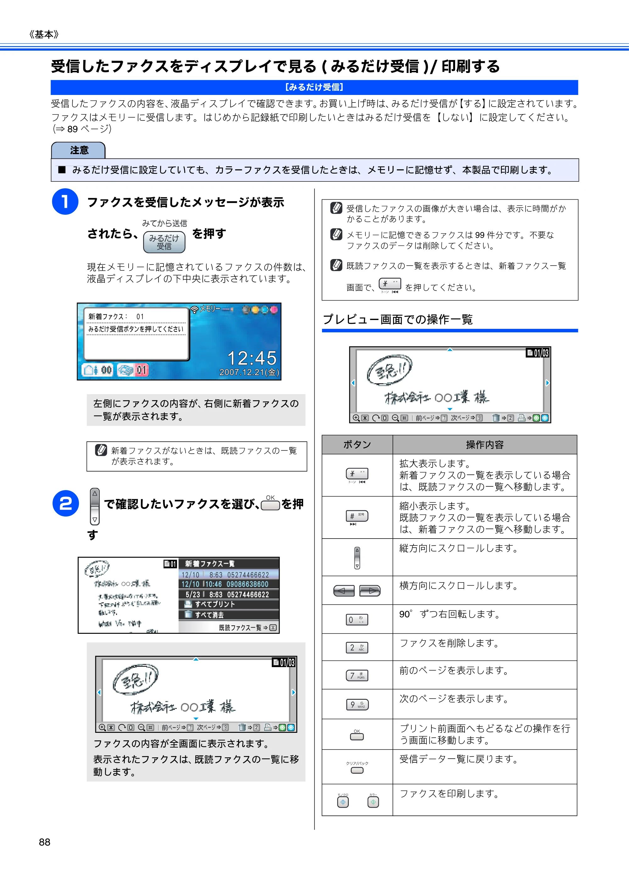 ブラザー MFC-650CD / MFC-650CDW / MFC-870CDN / MFC-870CDWN / MFC-880CDN / MFC-880CDWN 取扱説明書（本体） — 受信したファクスをディスプレイで見る(みるだけ受信)/印刷する — 原本ページ — 90ページ