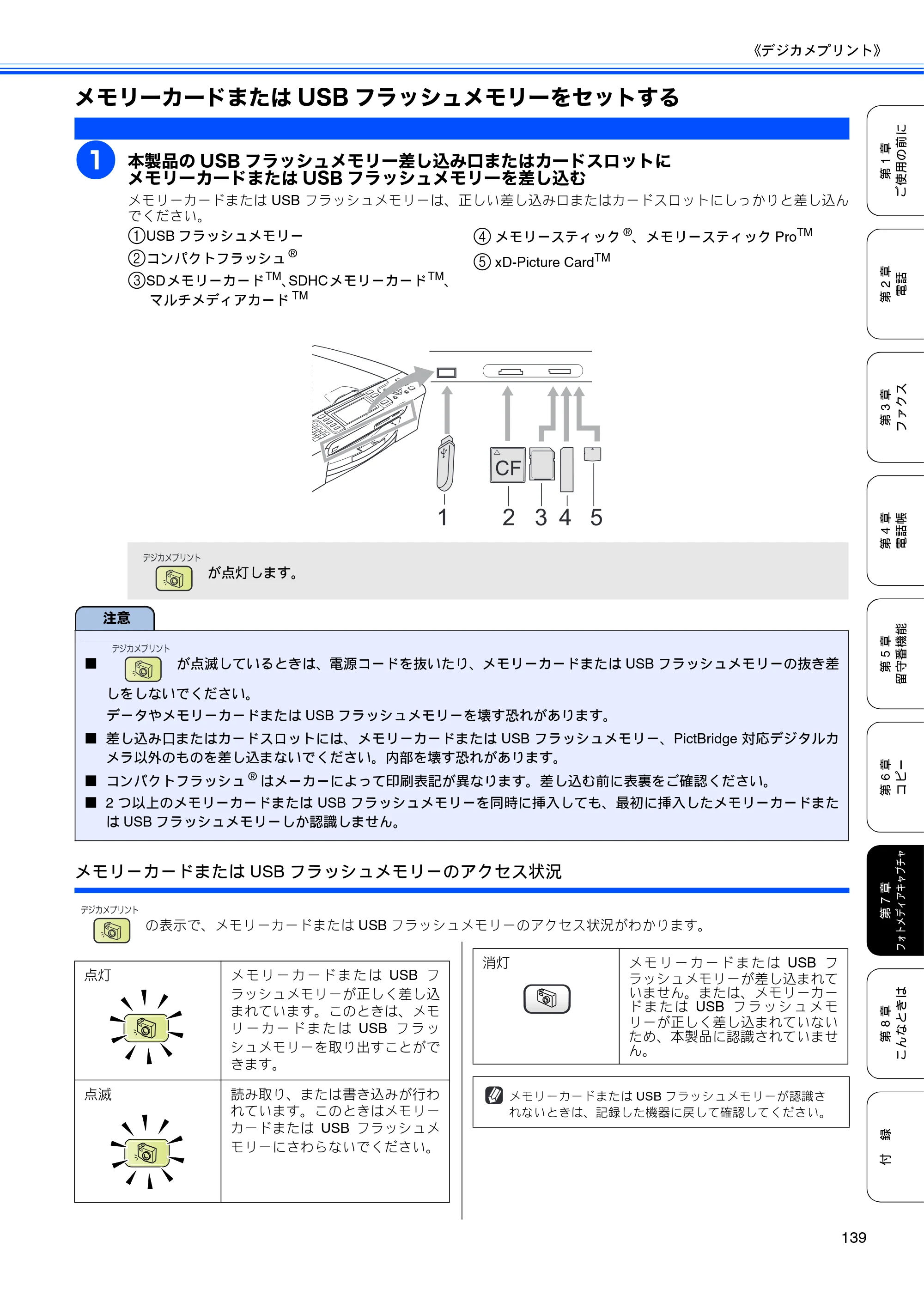 ブラザー MFC-650CD / MFC-650CDW / MFC-870CDN / MFC-870CDWN / MFC-880CDN / MFC-880CDWN 取扱説明書（本体） — メモリーカードまたはUSBフラッシュメモリーをセットする — 原本ページ — 141ページ