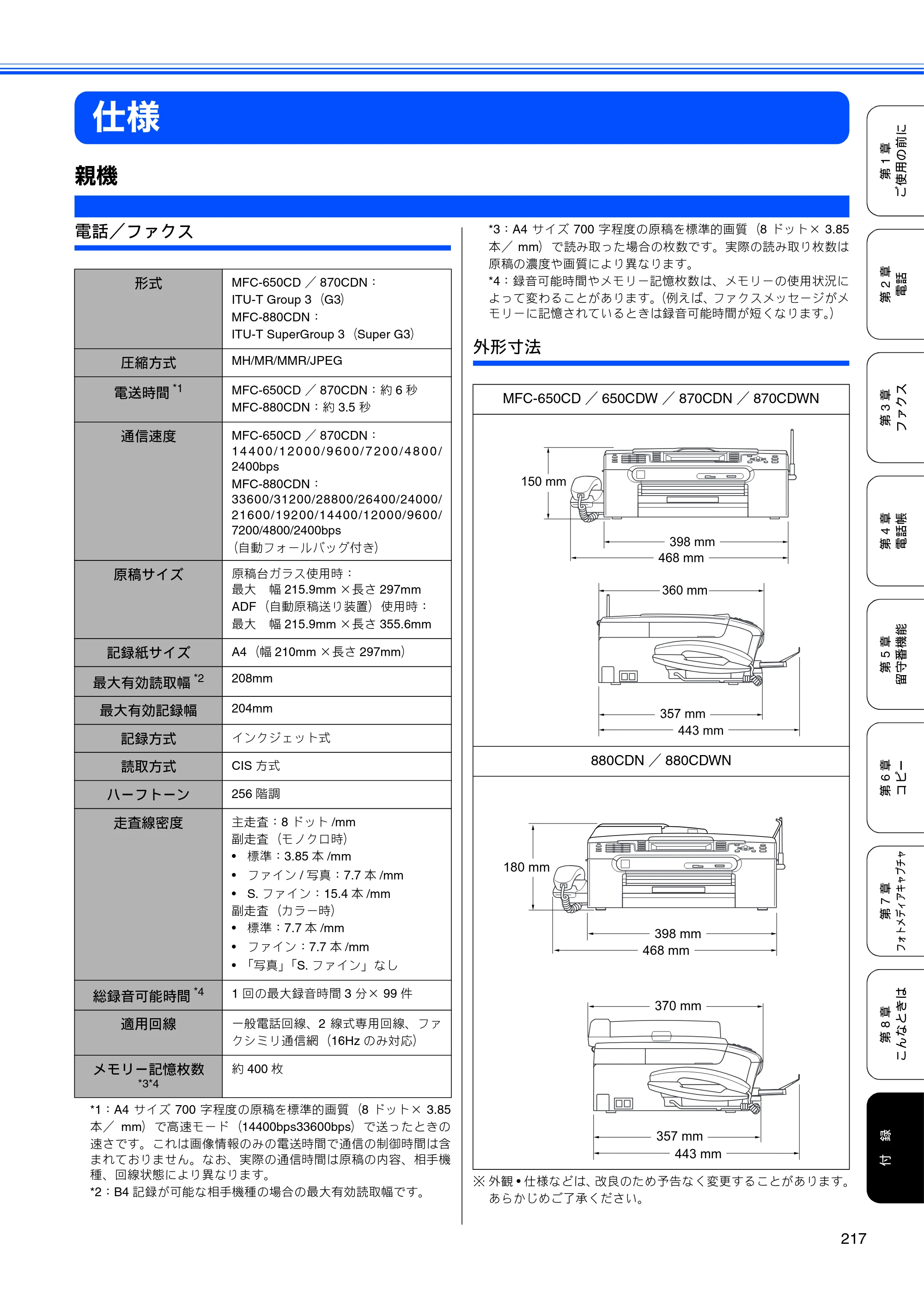 ブラザー MFC-650CD / MFC-650CDW / MFC-870CDN / MFC-870CDWN / MFC-880CDN / MFC-880CDWN 取扱説明書（本体） — 仕様 — 原本ページ — 219ページ