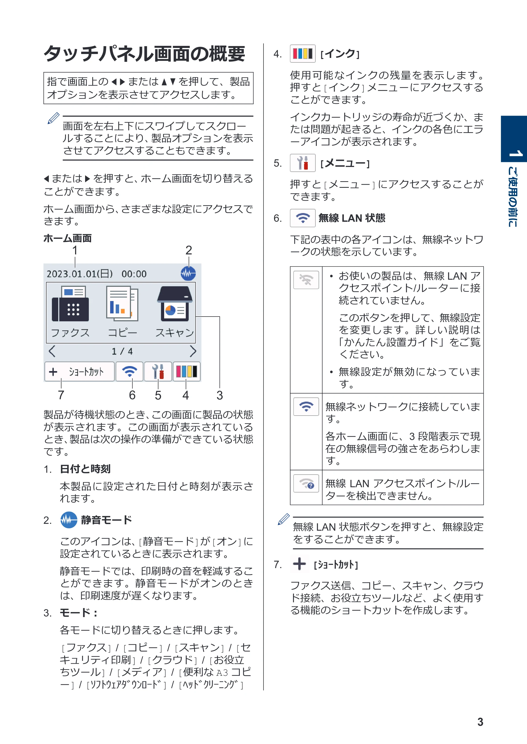 ブラザー MFC-J7700CDW かんたん操作ガイド — タッチパネル画面の概要 — 原本ページ — 4ページ