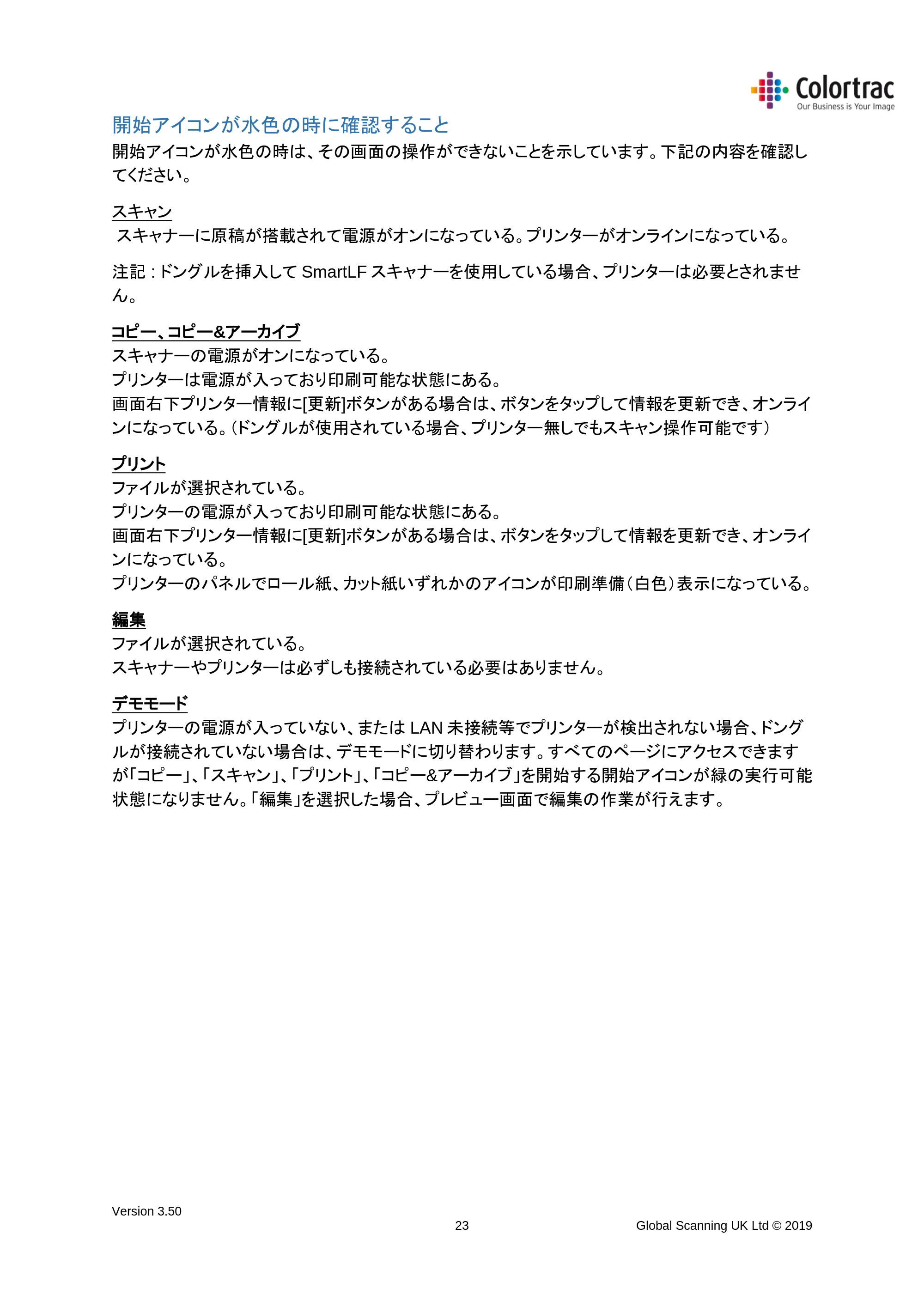 キヤノン TX-2000/TX-3000/TX-4000/TX-2000 MFP/TX-3000 MFP/TX-4000 MFP SmartWorks MFP5（ver.5.5用）取扱説明書 2020年10月29日掲載 （PDF形式／9.53Mバイト） — 開始アイコンが水色の時に確認すること — 原本ページ — 23ページ