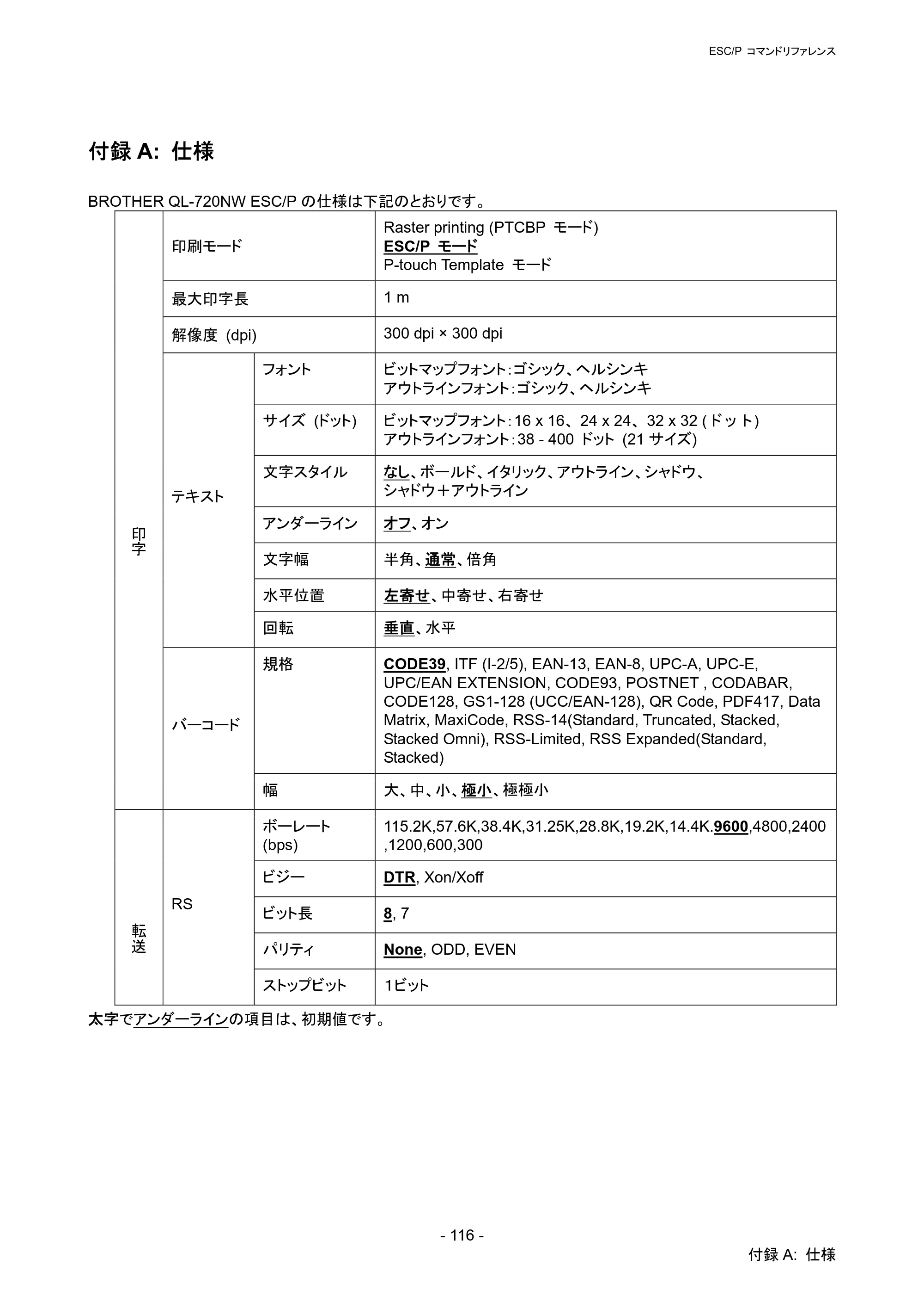 ブラザー QL-720NW ESC/Pコマンドリファレンス — 付録A: 仕様 — 原本ページ — 122ページ