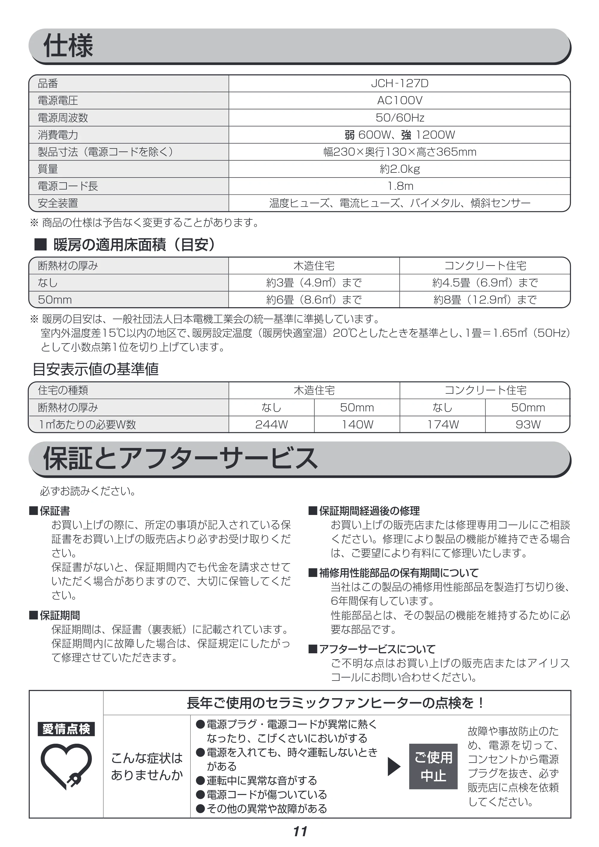 アイリスオーヤマ JCH-127D 取扱説明書 — 原本ページ — 11ページ