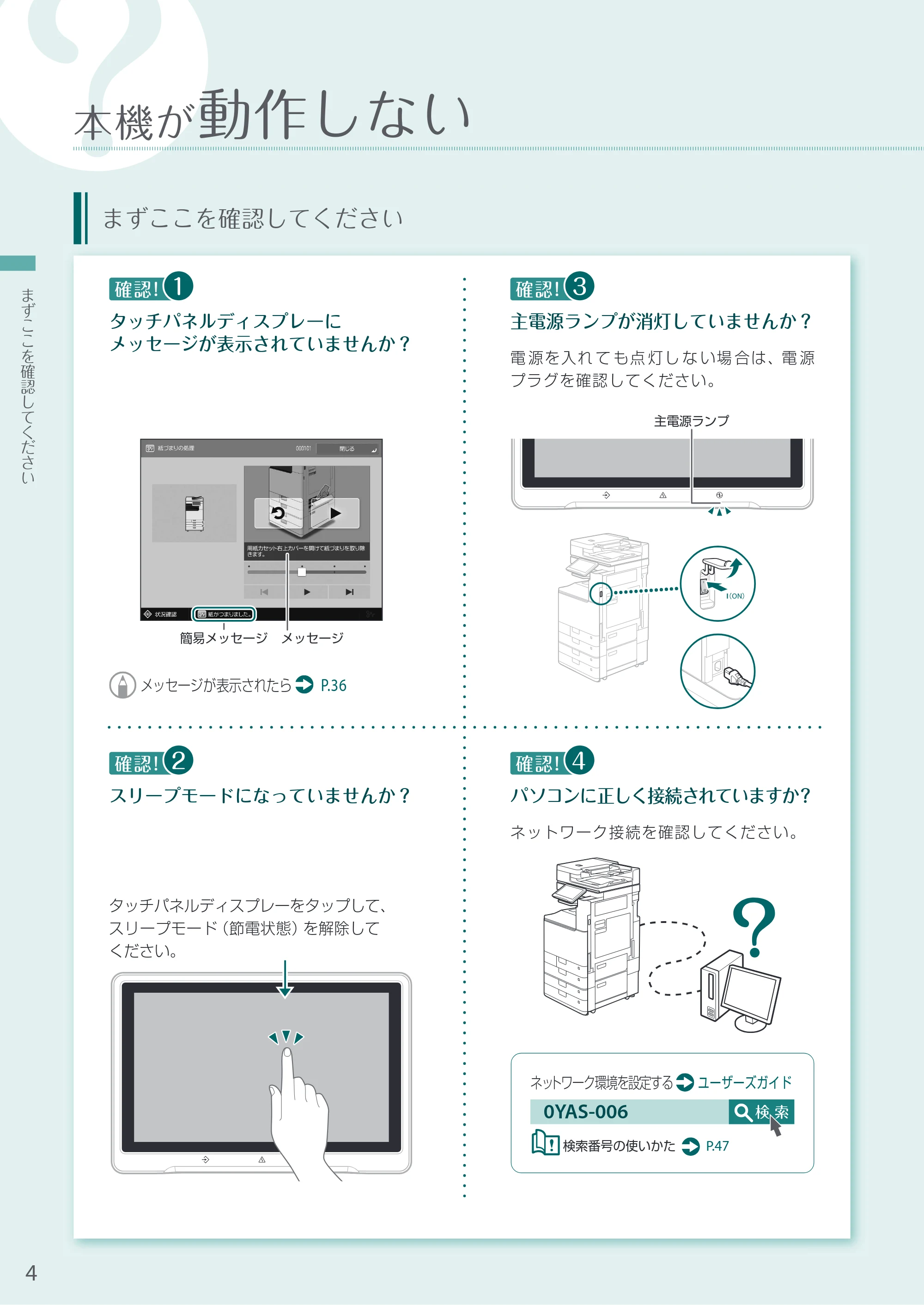 キヤノン A3機用) お困りごと解決ガイド 2021年7月8日更新（PDF：15.1MB） — 本機が動作しない — 原本ページ — 4ページ