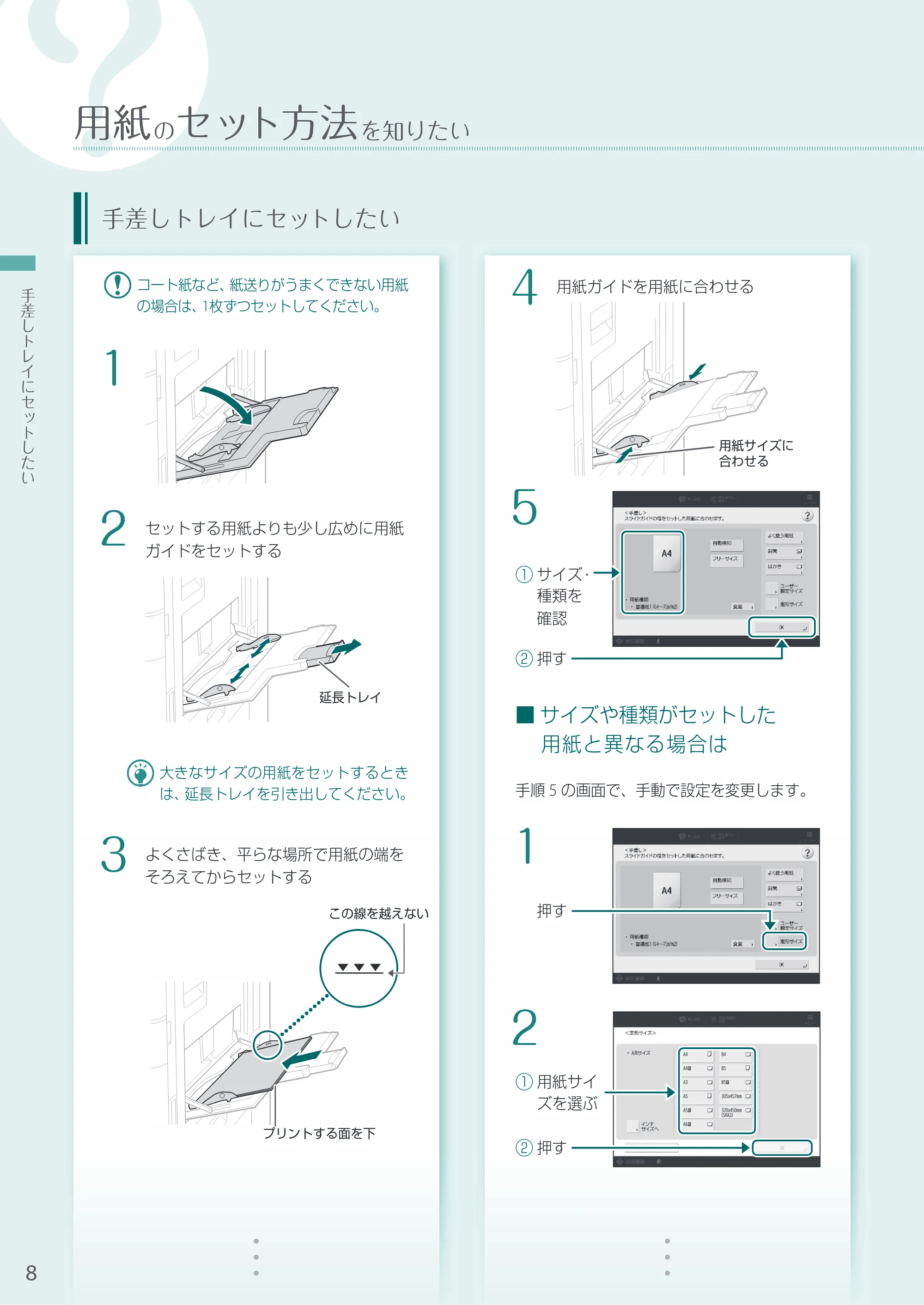 キヤノン A3機用) お困りごと解決ガイド 2021年7月8日更新（PDF：15.1MB） — 手差しトレイにセットしたい — 原本ページ — 8ページ