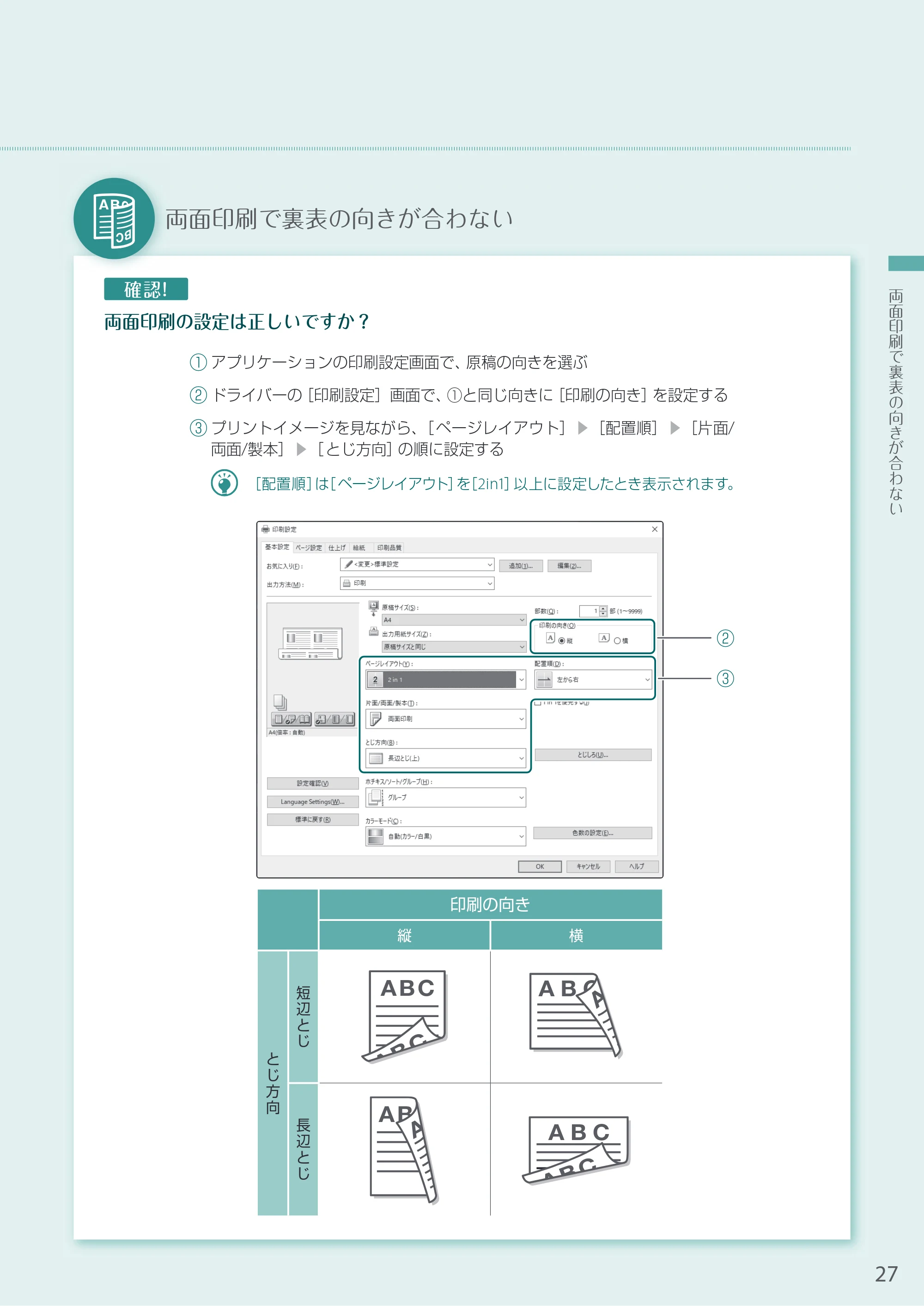 キヤノン A3機用) お困りごと解決ガイド 2021年7月8日更新（PDF：15.1MB） — 両面印刷で裏表の向きが合わない — 原本ページ — 27ページ