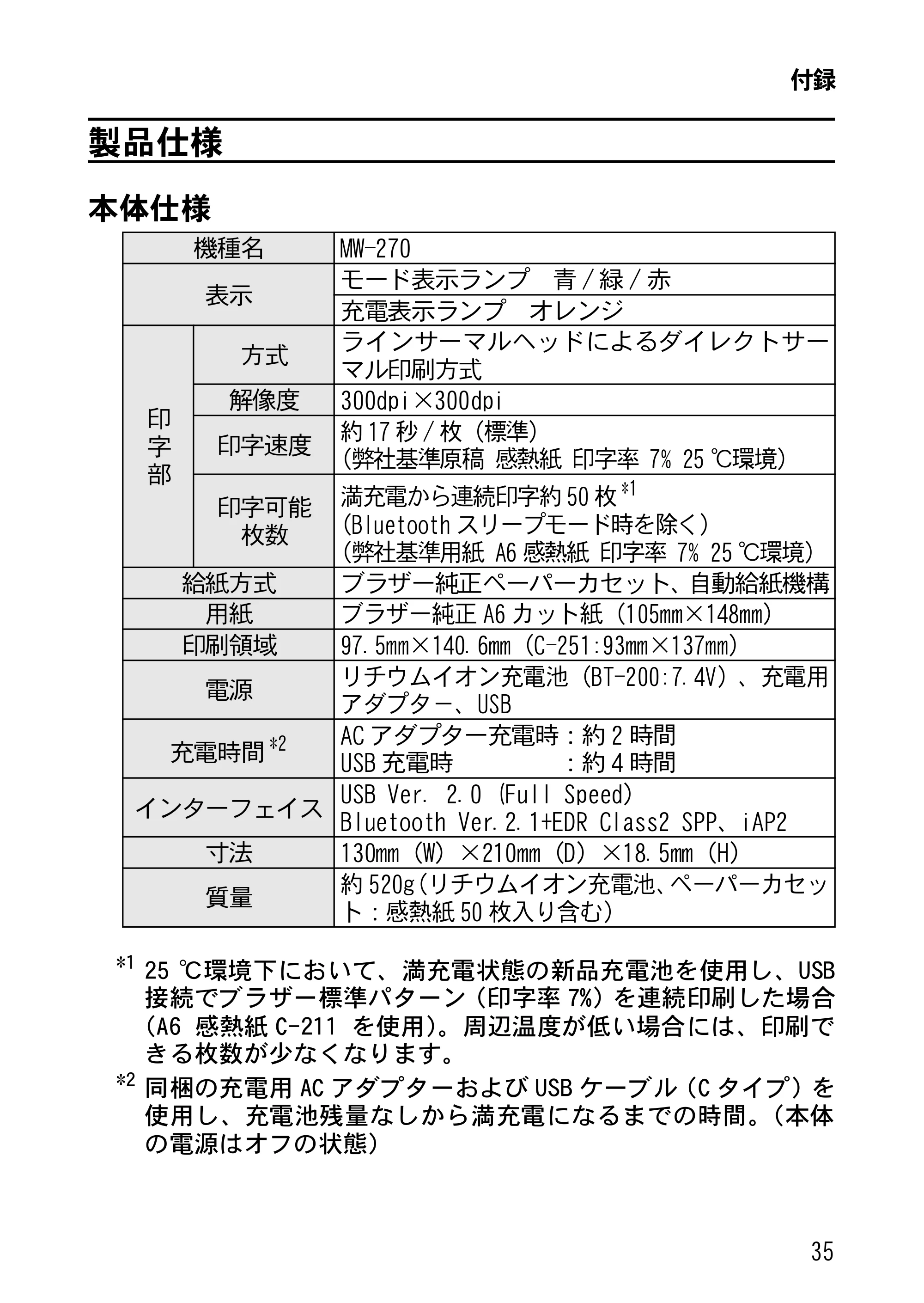 ブラザー MW-270 ユーザーズガイド — 製品仕様 — 原本ページ — 38ページ