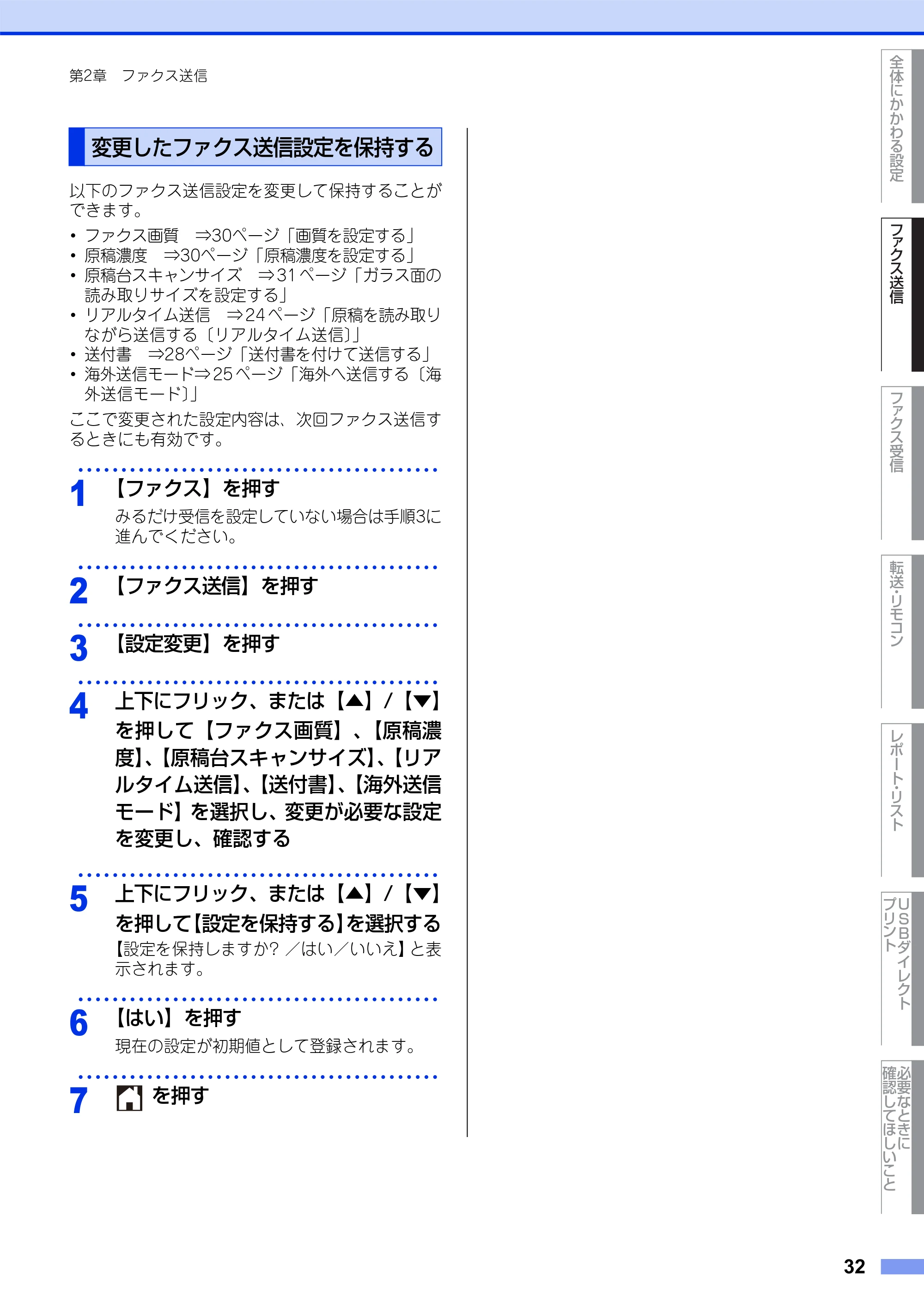 ブラザー MFC-L8650CDW / MFC-L9550CDW ユーザーズガイド ~応用編~ — 変更したファクス送信設定を保持する — 原本ページ — 32ページ