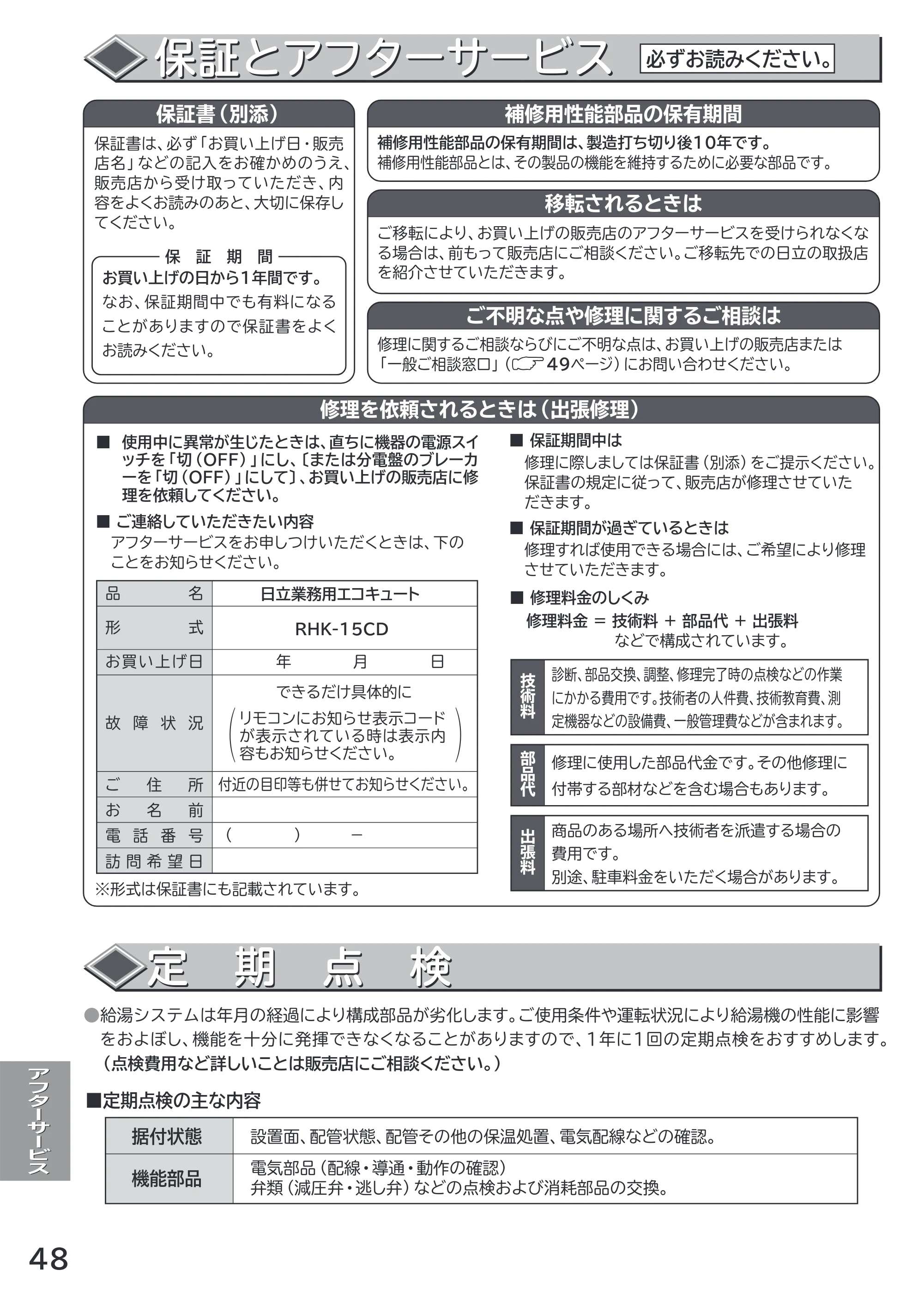 日立 RHK-1501CDS 取扱説明書 — 保証とアフターサービス — 原本ページ — 48ページ