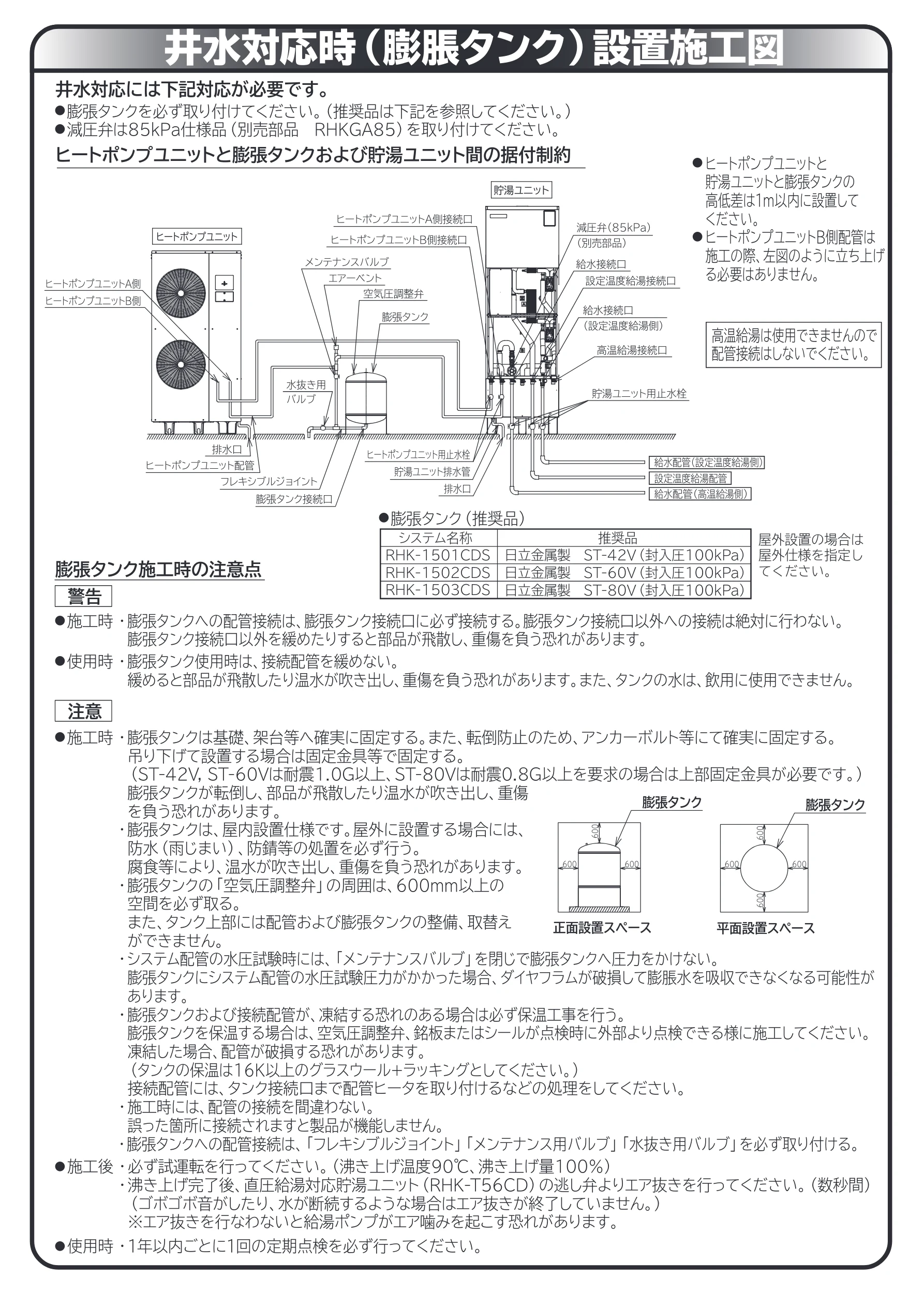 日立 RHK-1501CDS 取扱説明書 — 井水対応時(膨張タンク)設置施工図 — 図版 71-1 — 71ページ