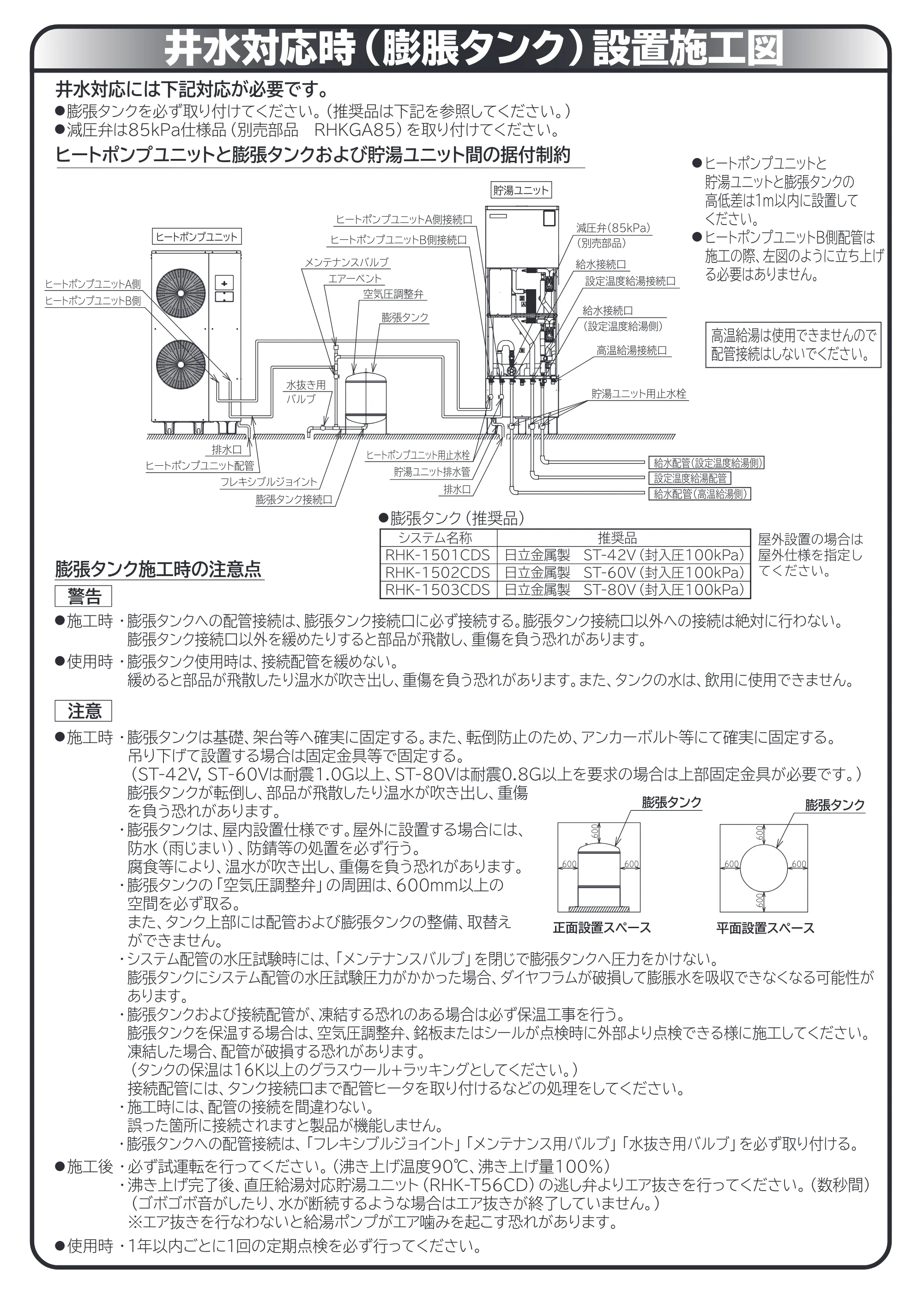 日立 RHK-1501CDS 取扱説明書 — 井水対応時(膨張タンク)設置施工図 — 原本ページ — 71ページ