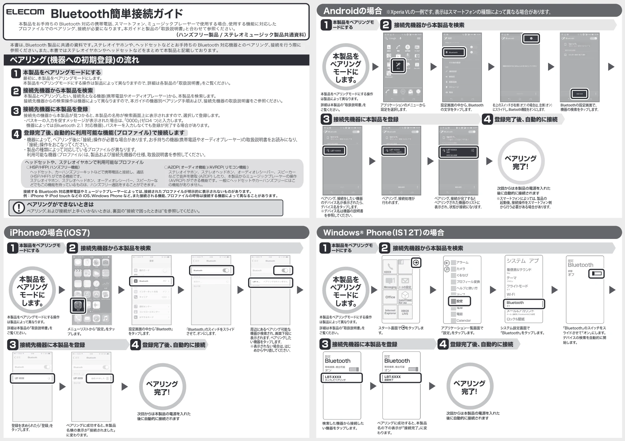 エレコム LBT-HS50WPPCBK Bluetooth簡単接続ガイド — 原本ページ — 1ページ