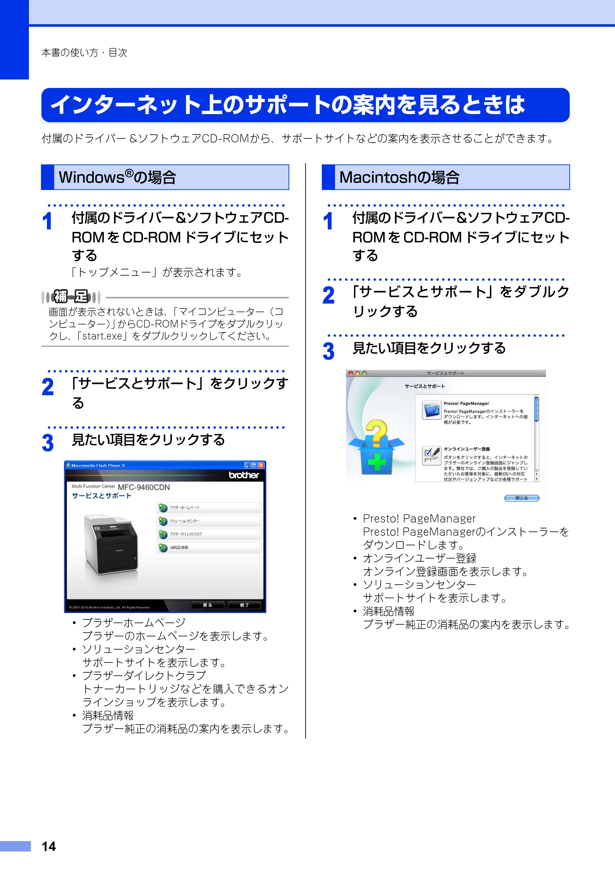 ブラザー MFC-9460CDN ユーザーズガイド ～基本編～ — インターネット上のサポートの案内を見るときは — 原本ページ — 14ページ