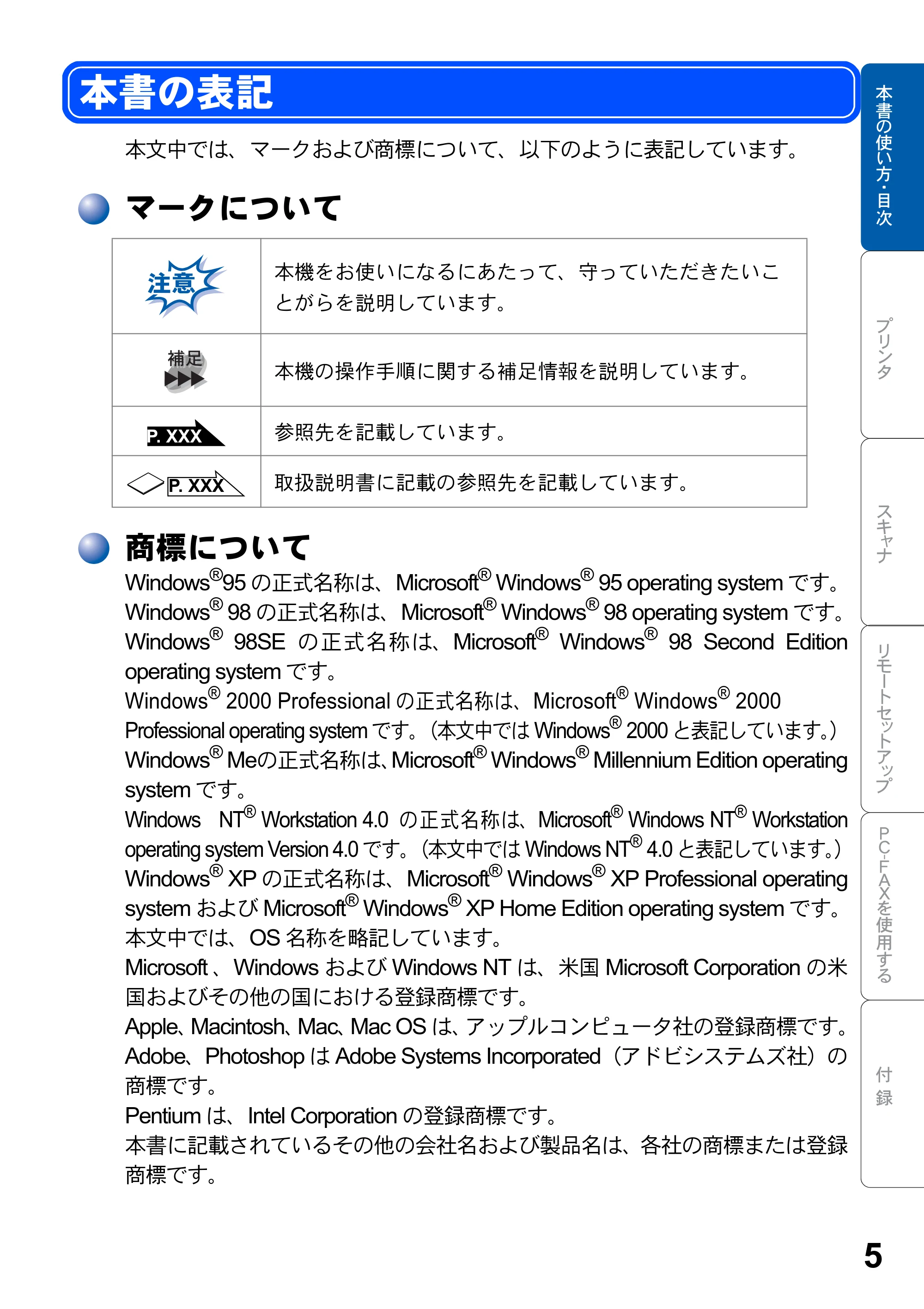 ブラザー MFC-8820J ユーザーズガイド ~パソコン活用編~ — 本書の表記 — 原本ページ — 5ページ