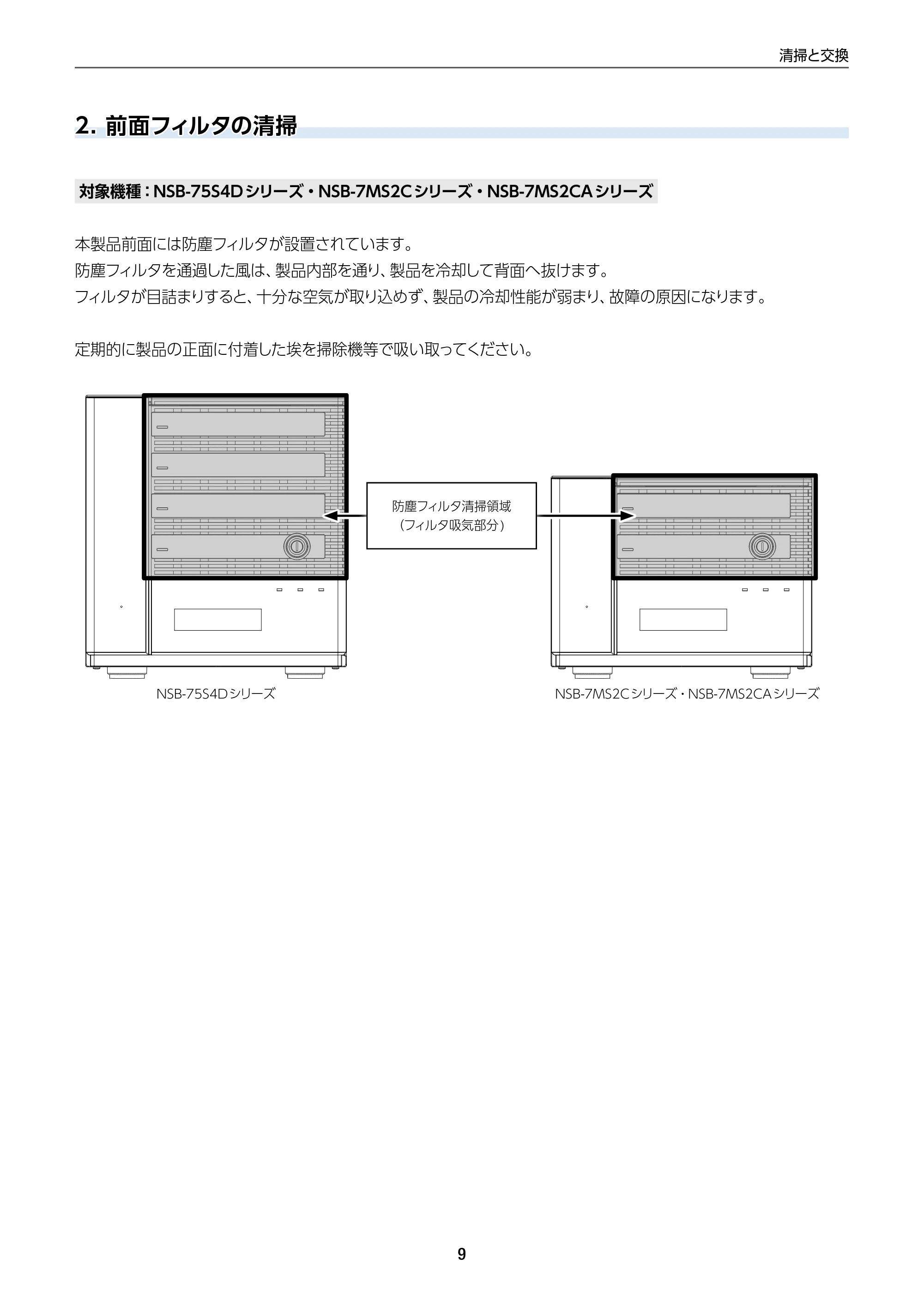 エレコム NSB-75S12T4DW65 / NSB-75S16T4DW65 / NSB-75S24T4DW65 12.メンテナンスマニュアル — 2. 前面フィルタの清掃 — 原本ページ — 9ページ
