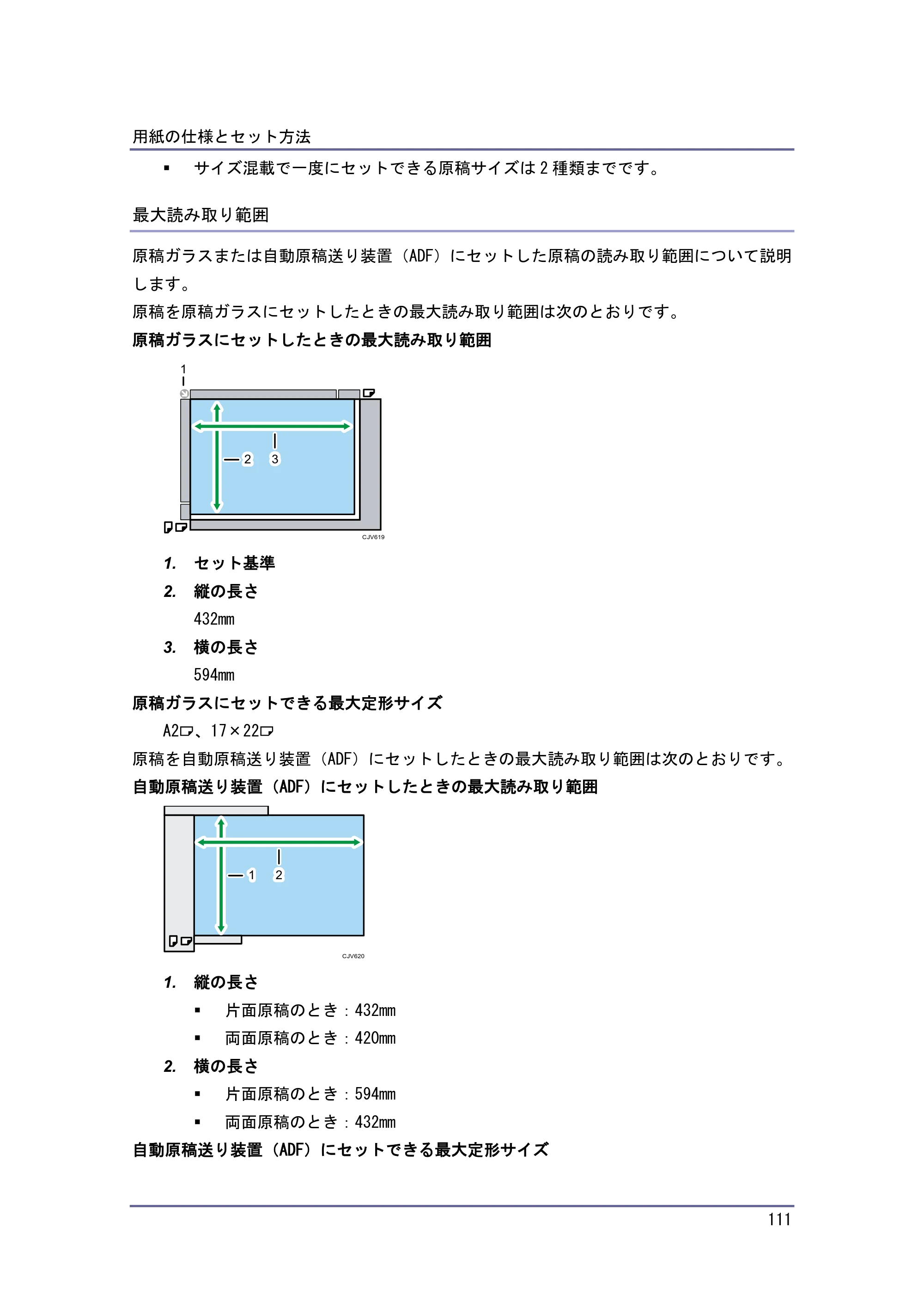 京セラ TASKalfa 4010w / TASKalfa 4011w / TASKalfa 4012w TASKalfa 4010w/4011w/4012w 使用説明書（本機をお使いになる方へ） — 最大読み取り範囲 — 原本ページ — 111ページ
