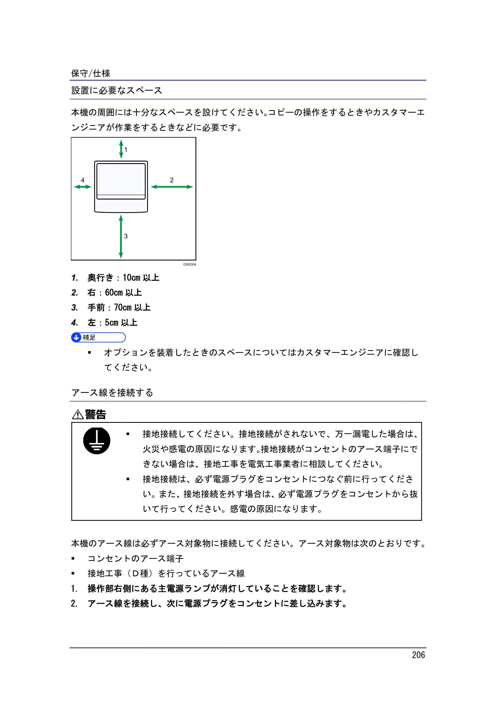 京セラ TASKalfa 4010w / TASKalfa 4011w / TASKalfa 4012w TASKalfa 4010w/4011w/4012w 使用説明書（本機をお使いになる方へ） — 設置に必要なスペース — 原本ページ — 206ページ