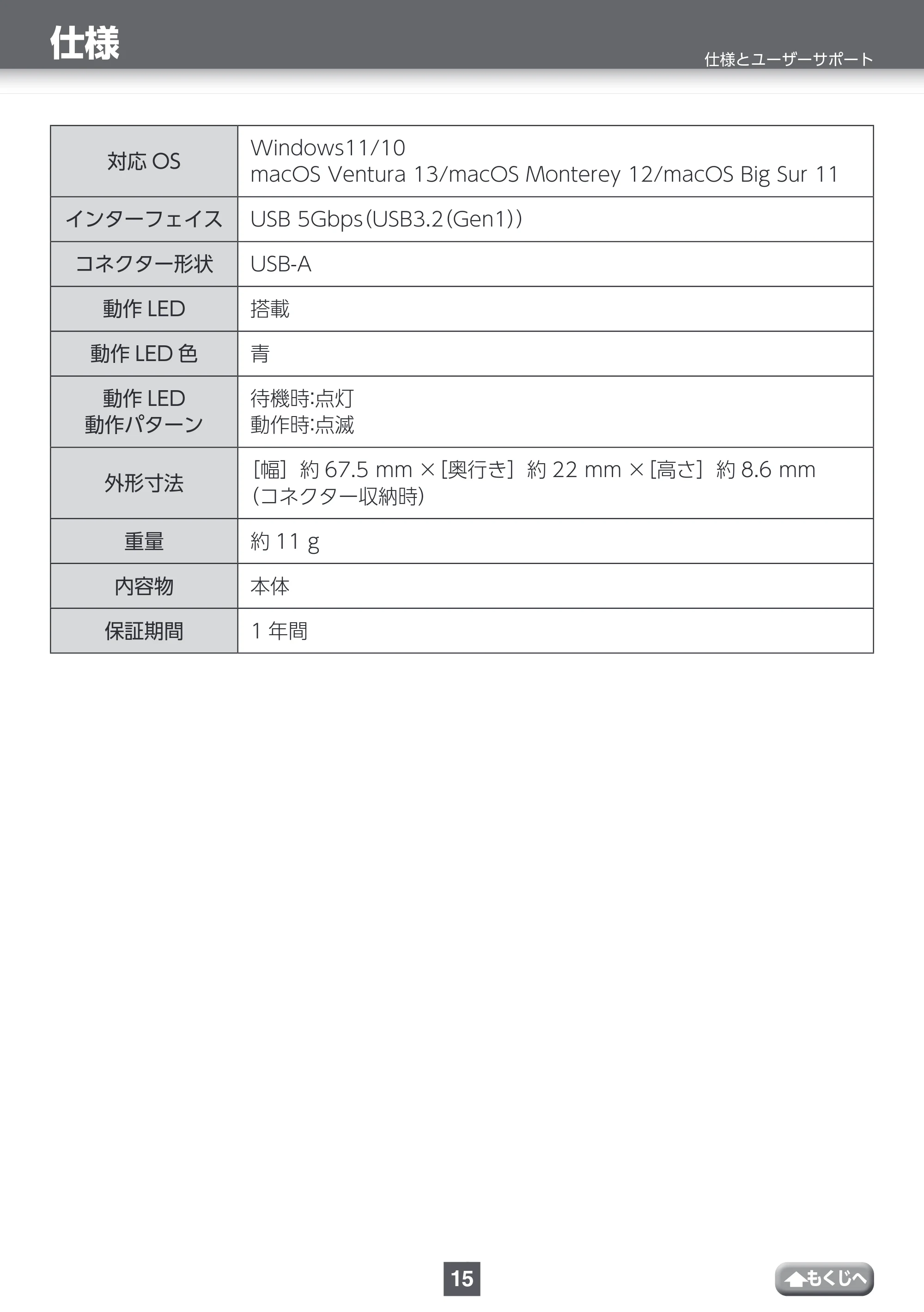 エレコム ESD-EYB0250GBK / ESD-EYB0250GWH / ESD-EYB0500GBK 取扱説明書 — 仕様とユーザーサポート — 原本ページ — 15ページ