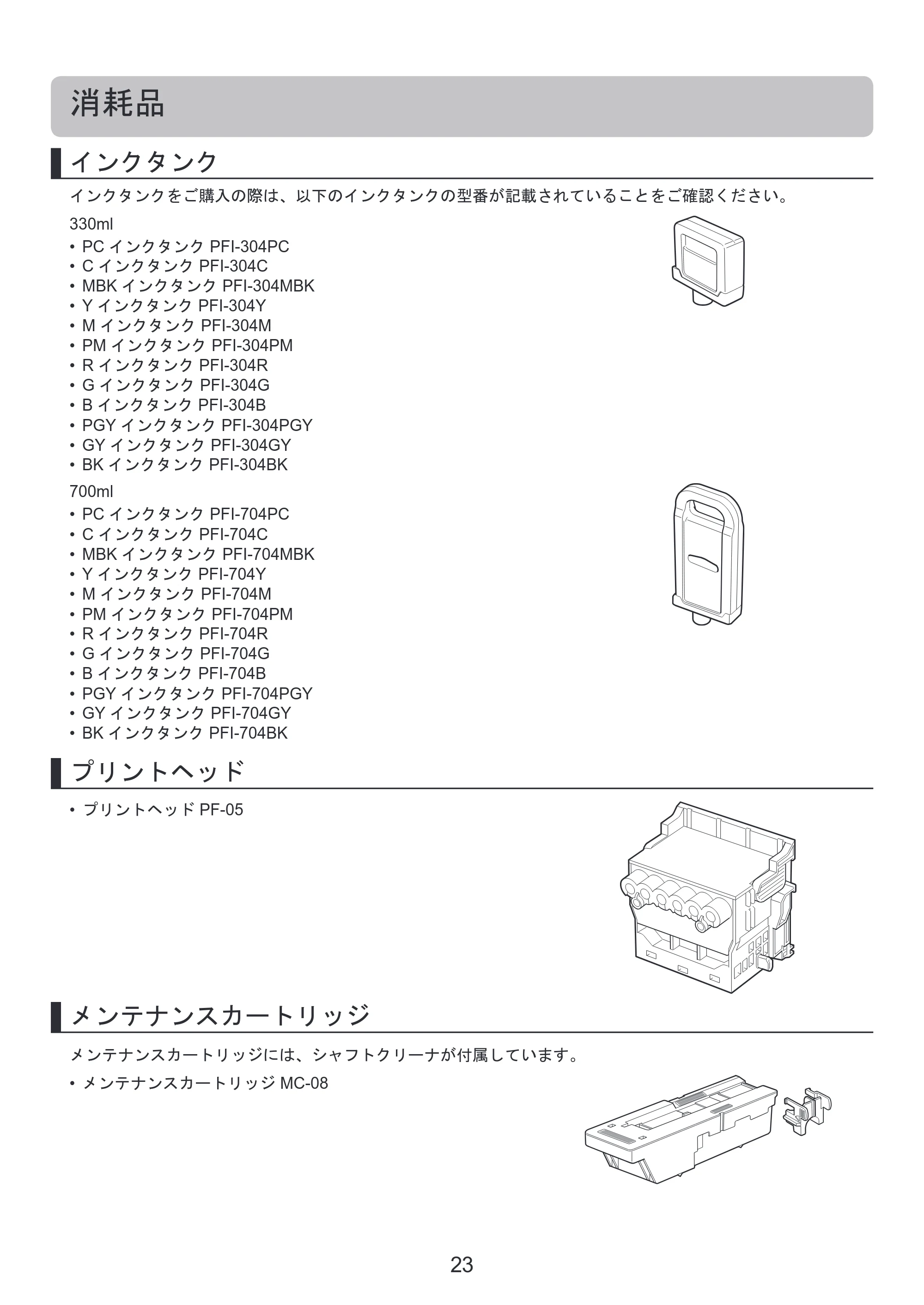 キヤノン iPF8300 基本操作ガイド 本体操作 （PDF形式／6.07Mバイト） — 消耗品 — 原本ページ — 23ページ