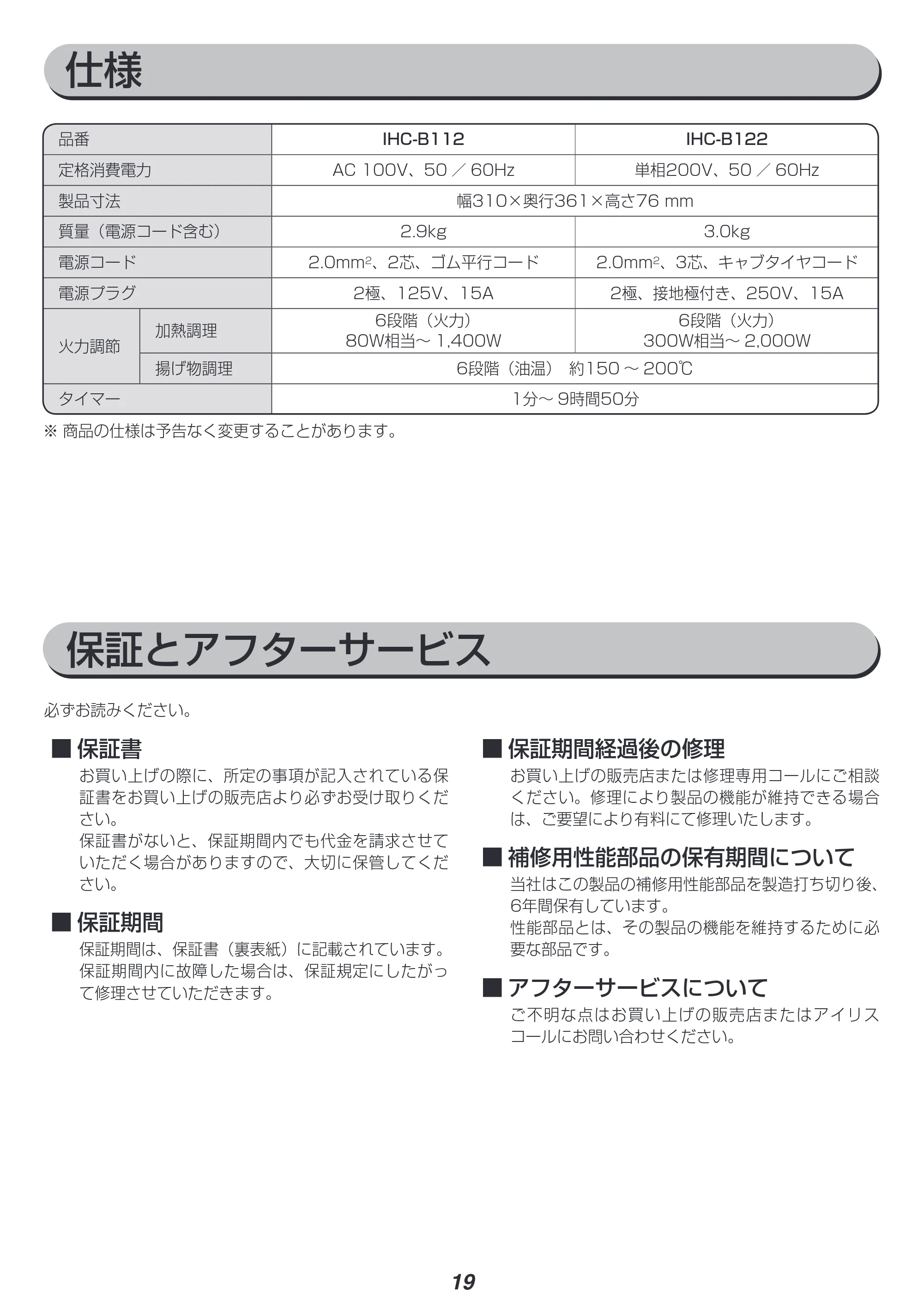 アイリスオーヤマ IHC-B112 取扱説明書 — 原本ページ — 19ページ