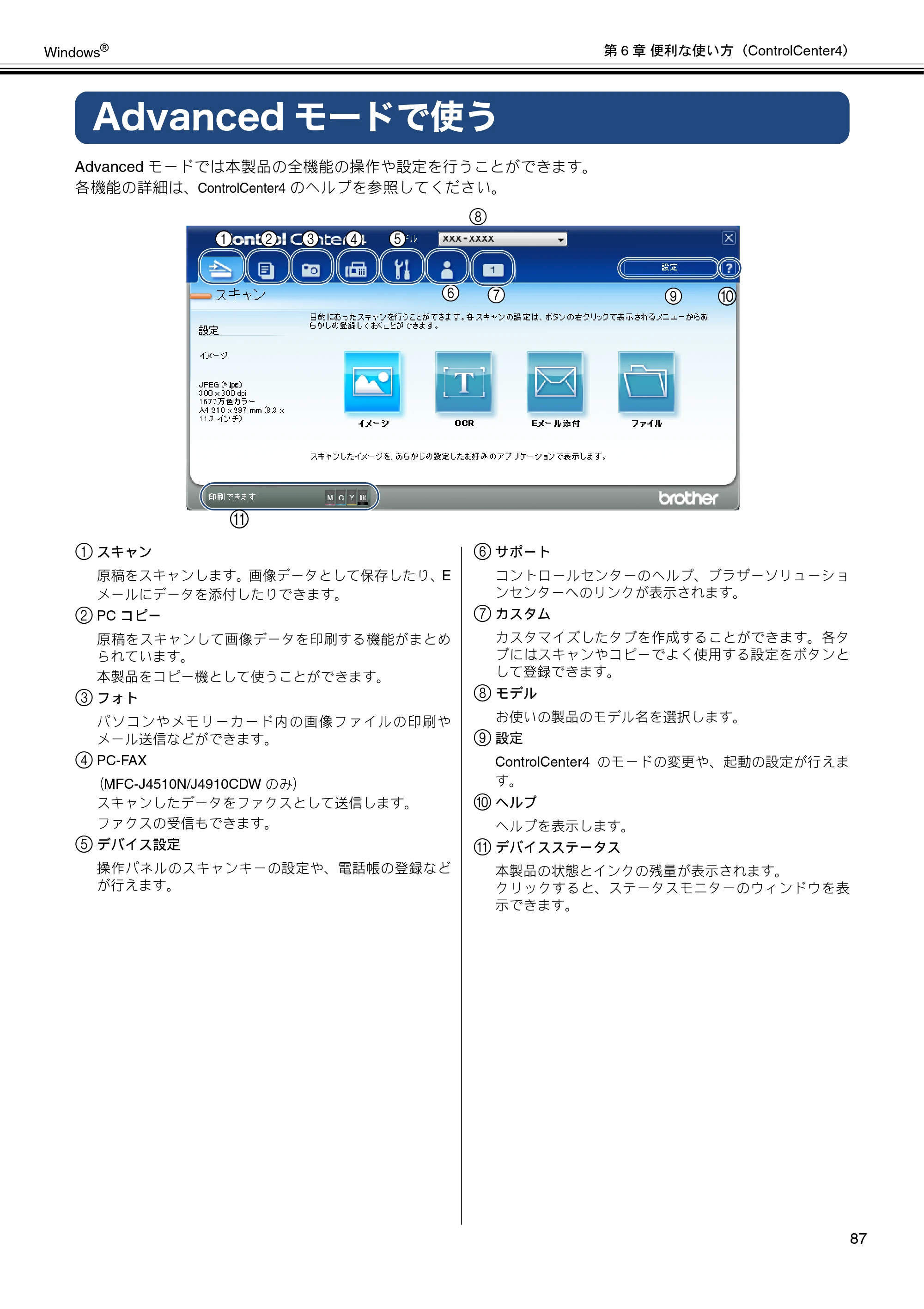 ブラザー DCP-J4210N / MFC-J4510N / MFC-J4910CDW ユーザーズガイド ～パソコン活用編～ — Advancedモードで使う — 原本ページ — 88ページ