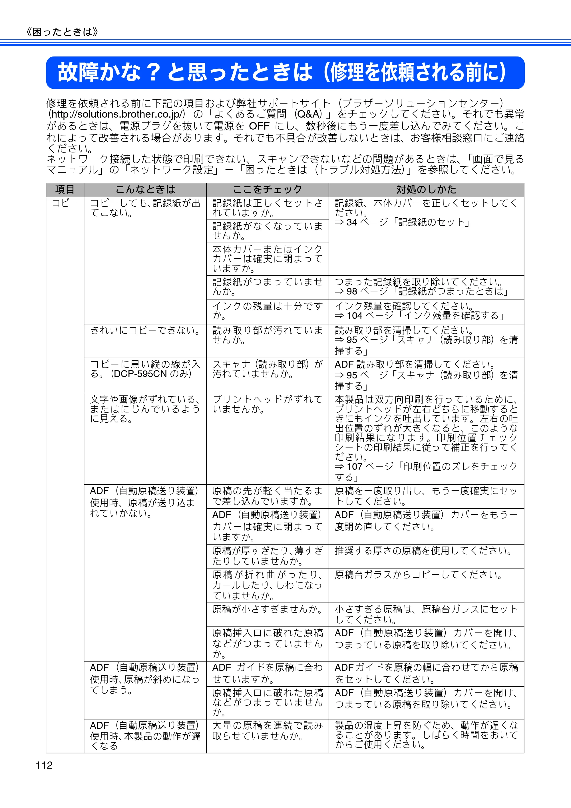 ブラザー DCP-390CN / DCP-595CN ユーザーズガイド ～基本編～ — 故障かな?と思ったときは（修理を依頼される前に） — 原本ページ — 114ページ