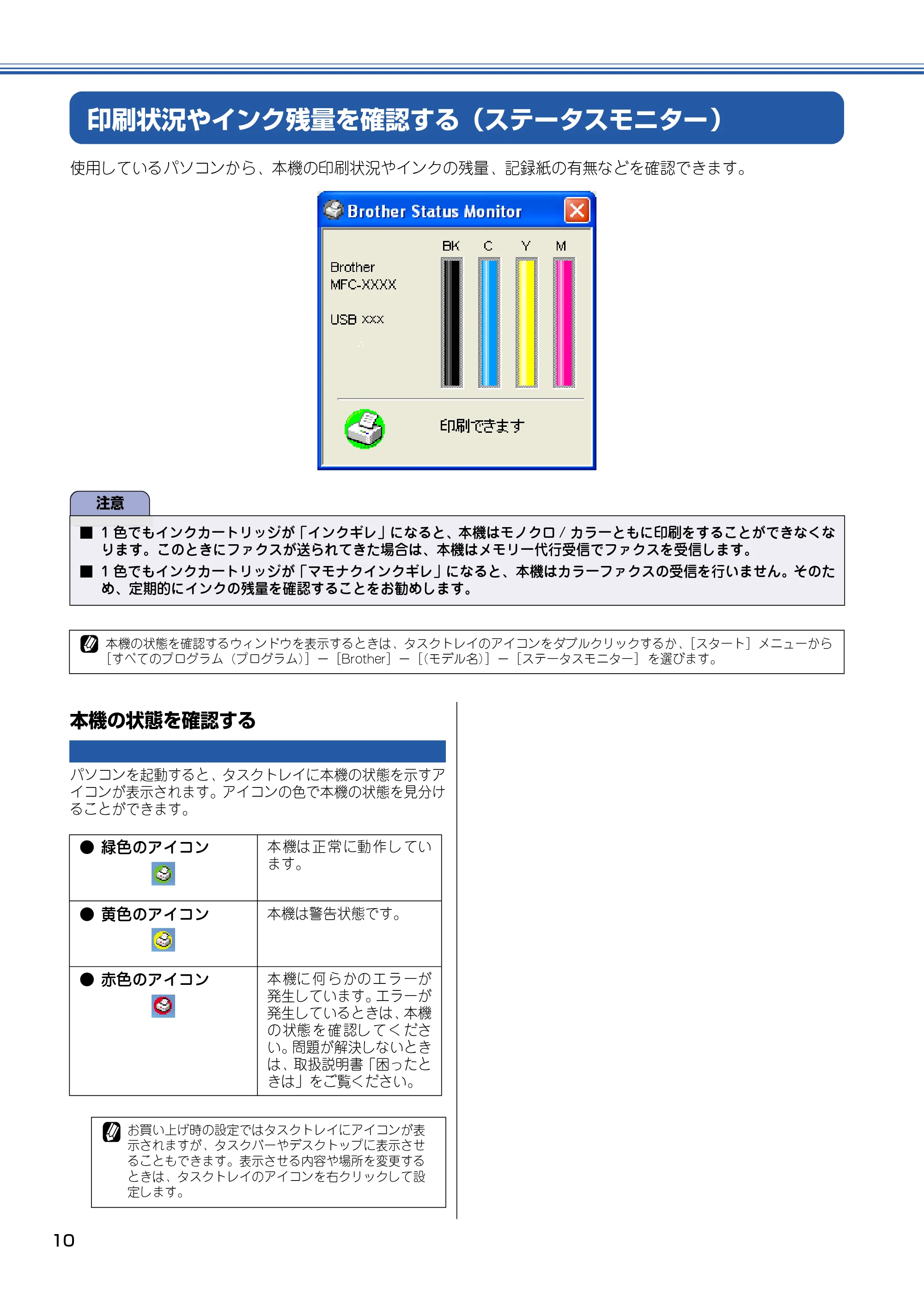 ブラザー DCP-110C / MFC-410CN / MFC-5840CN ユーザーズガイド ～パソコン活用編～ — 印刷状況やインク残量を確認する（ステータスモニター） — 原本ページ — 11ページ