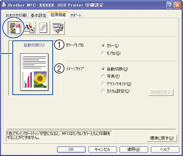 ブラザー DCP-110C / MFC-410CN / MFC-5840CN ユーザーズガイド ～パソコン活用編～ — 「拡張機能」タブの設定 — 図版 18-1 — 18ページ