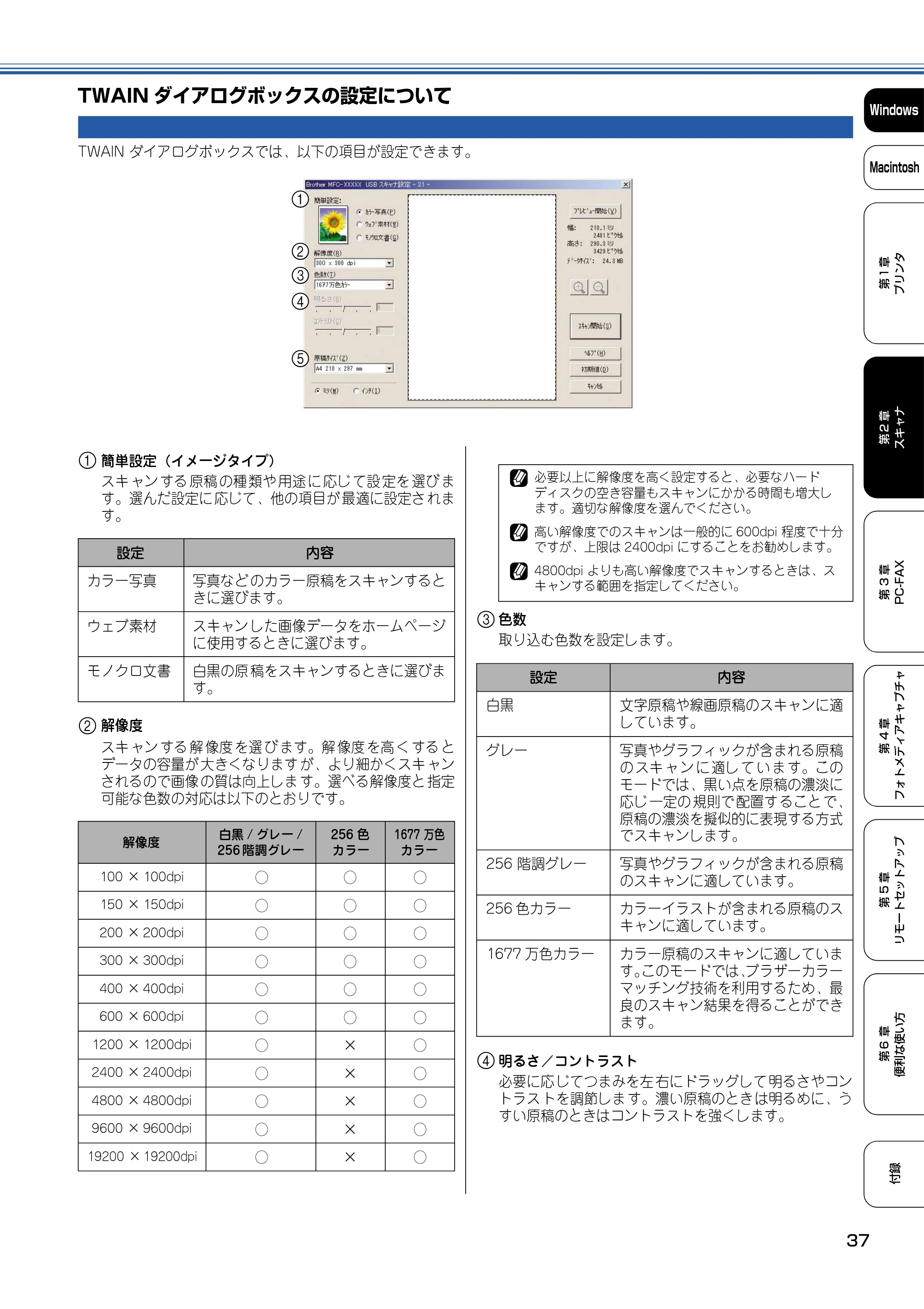 ブラザー DCP-110C / MFC-410CN / MFC-5840CN ユーザーズガイド ~パソコン活用編~ — TWAINダイアログボックスの設定について — 原本ページ — 38ページ