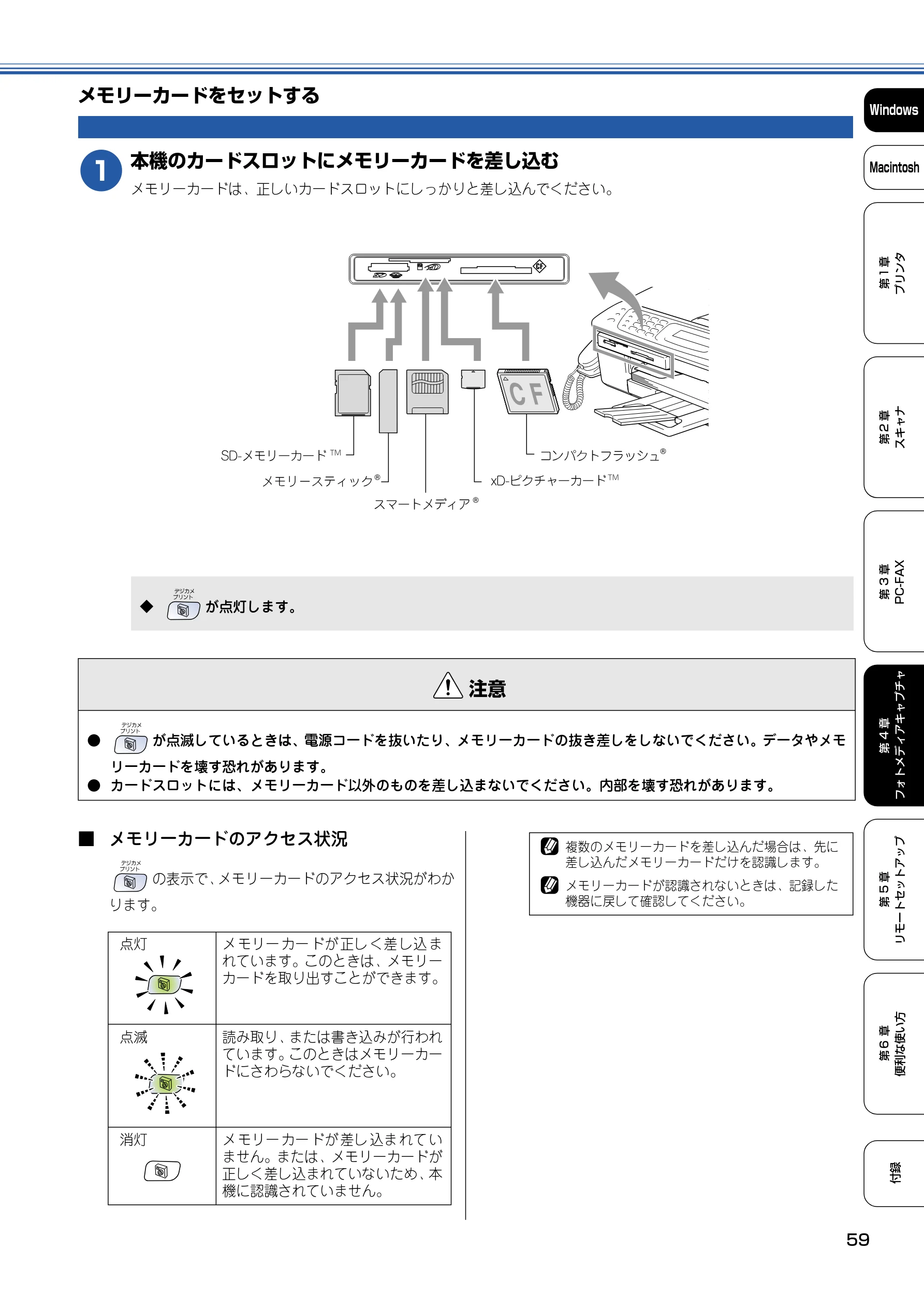 ブラザー DCP-110C / MFC-410CN / MFC-5840CN ユーザーズガイド ~パソコン活用編~ — メモリーカードをセットする — 図版 60-1 — 60ページ