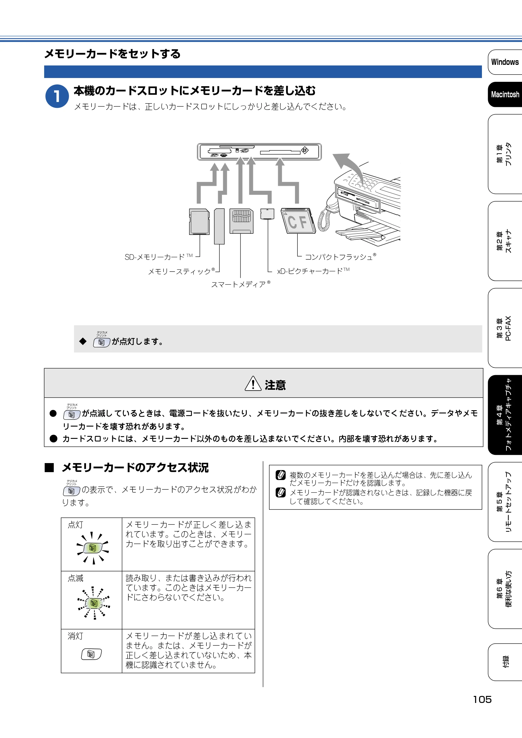 ブラザー DCP-110C / MFC-410CN / MFC-5840CN ユーザーズガイド ~パソコン活用編~ — メモリーカードをセットする — 図版 106-1 — 106ページ