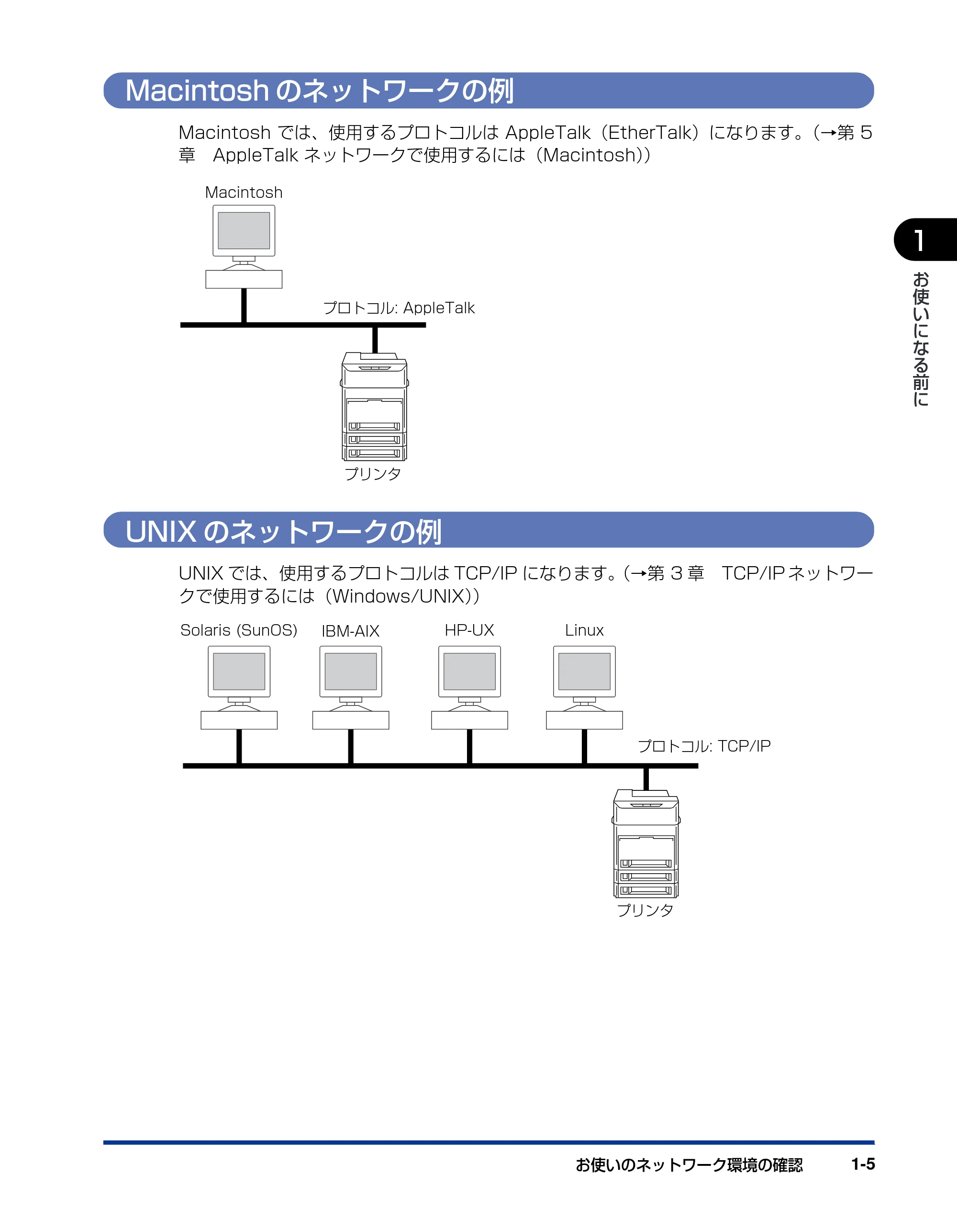キヤノン LBP3950/3900 ネットワークガイド／本編 2006年2月8日掲載 （PDF形式／3.77Mバイト） — Macintoshのネットワークの例 — 原本ページ — 14ページ