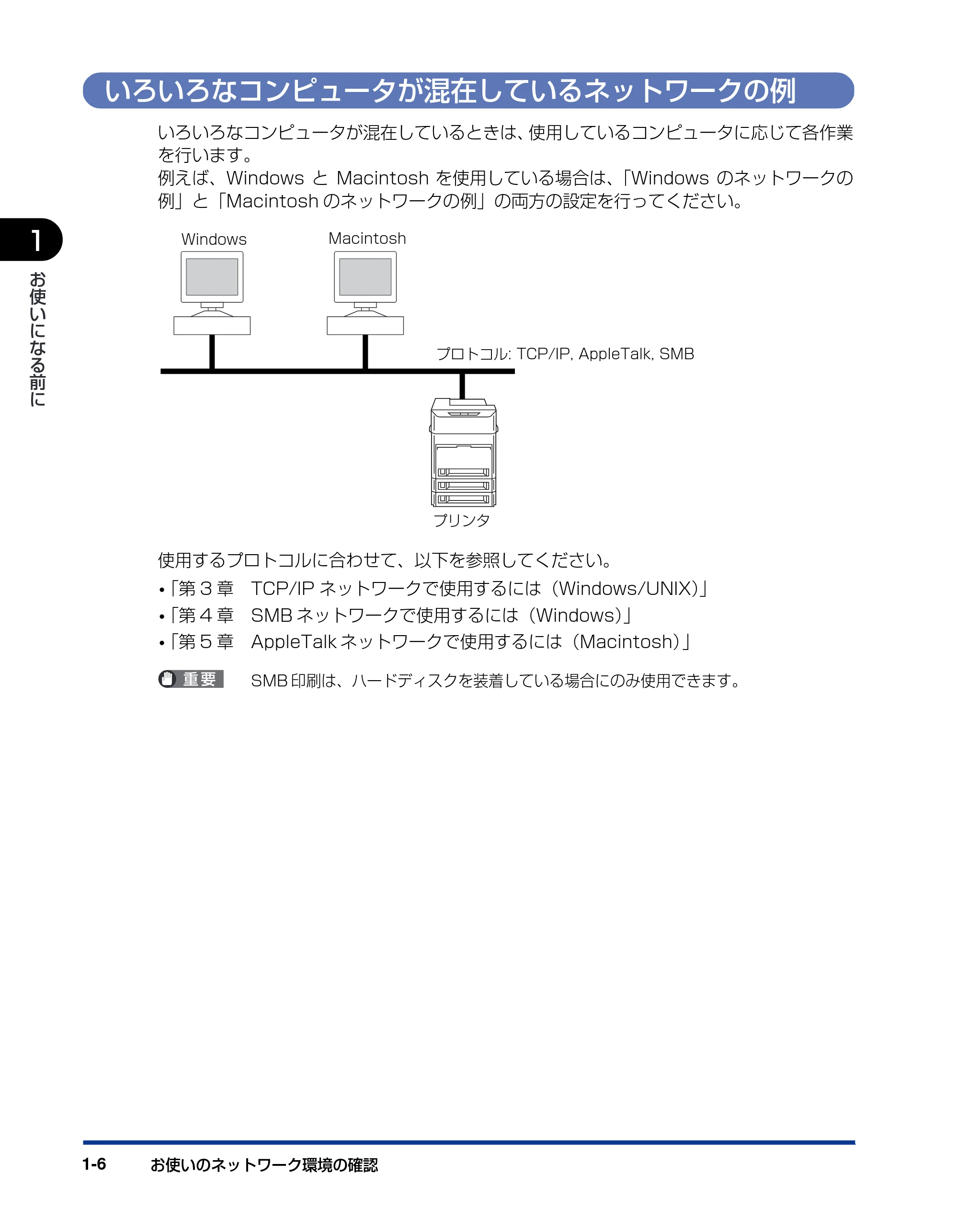キヤノン LBP3950/3900 ネットワークガイド／本編 2006年2月8日掲載 （PDF形式／3.77Mバイト） — いろいろなコンピュータが混在しているネットワークの例 — 原本ページ — 15ページ
