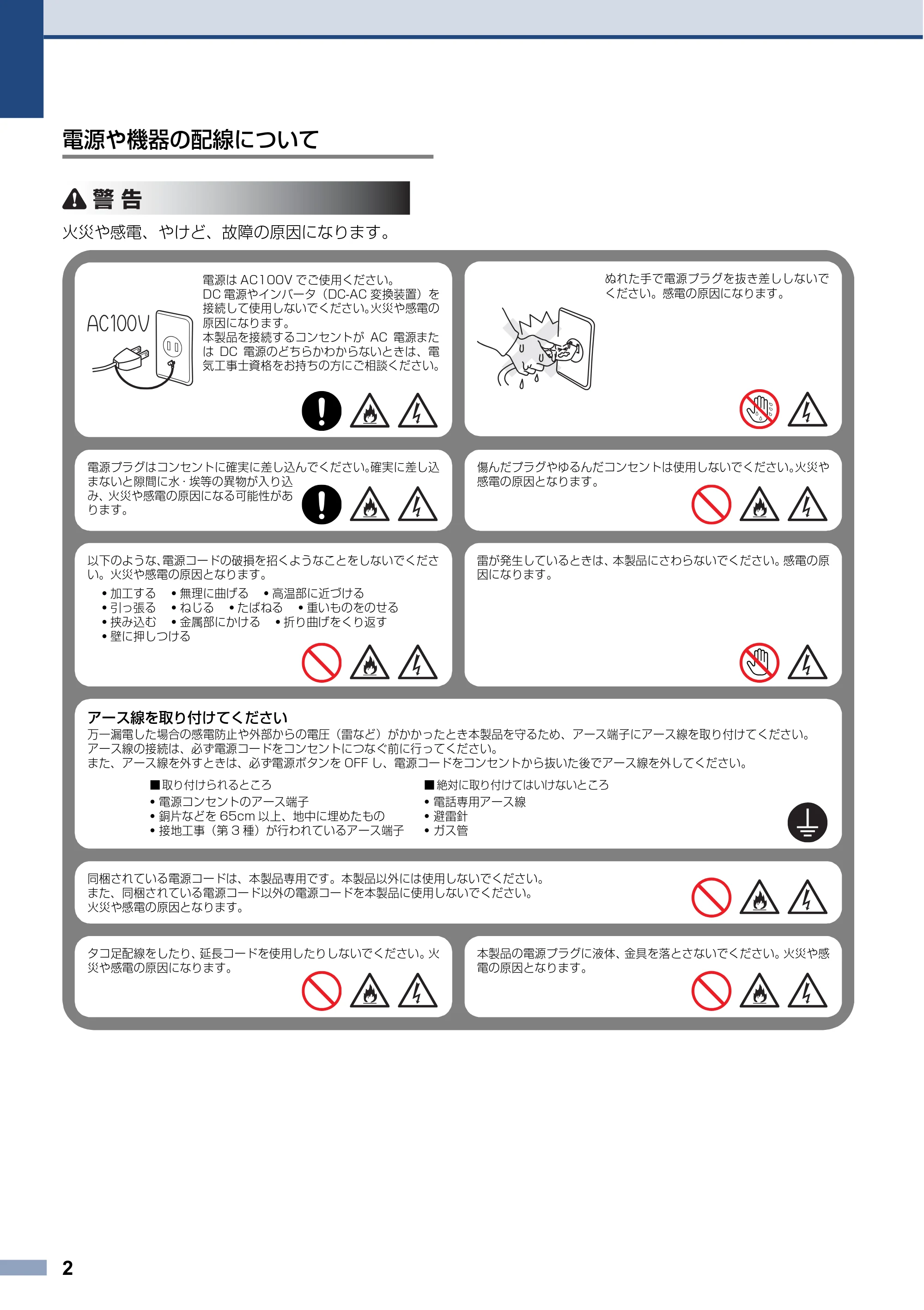 ブラザー HL-L3240CDW / MFC-L3780CDW 安全にお使いいただくために — 電源や機器の配線について — 原本ページ — 2ページ