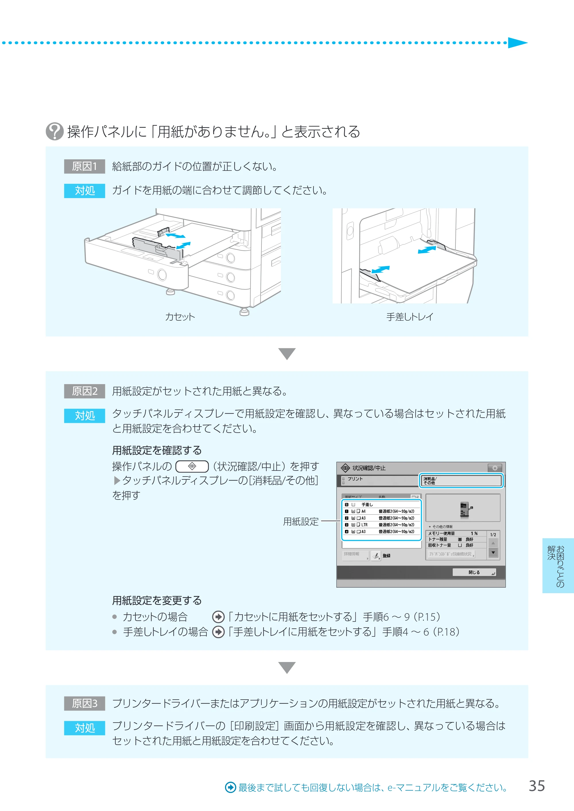 キヤノン LBP8900 サポートガイド 2014年10月8日掲載（PDF：21.0MB） — 操作パネルに「用紙がありません。」と表示される — 原本ページ — 35ページ