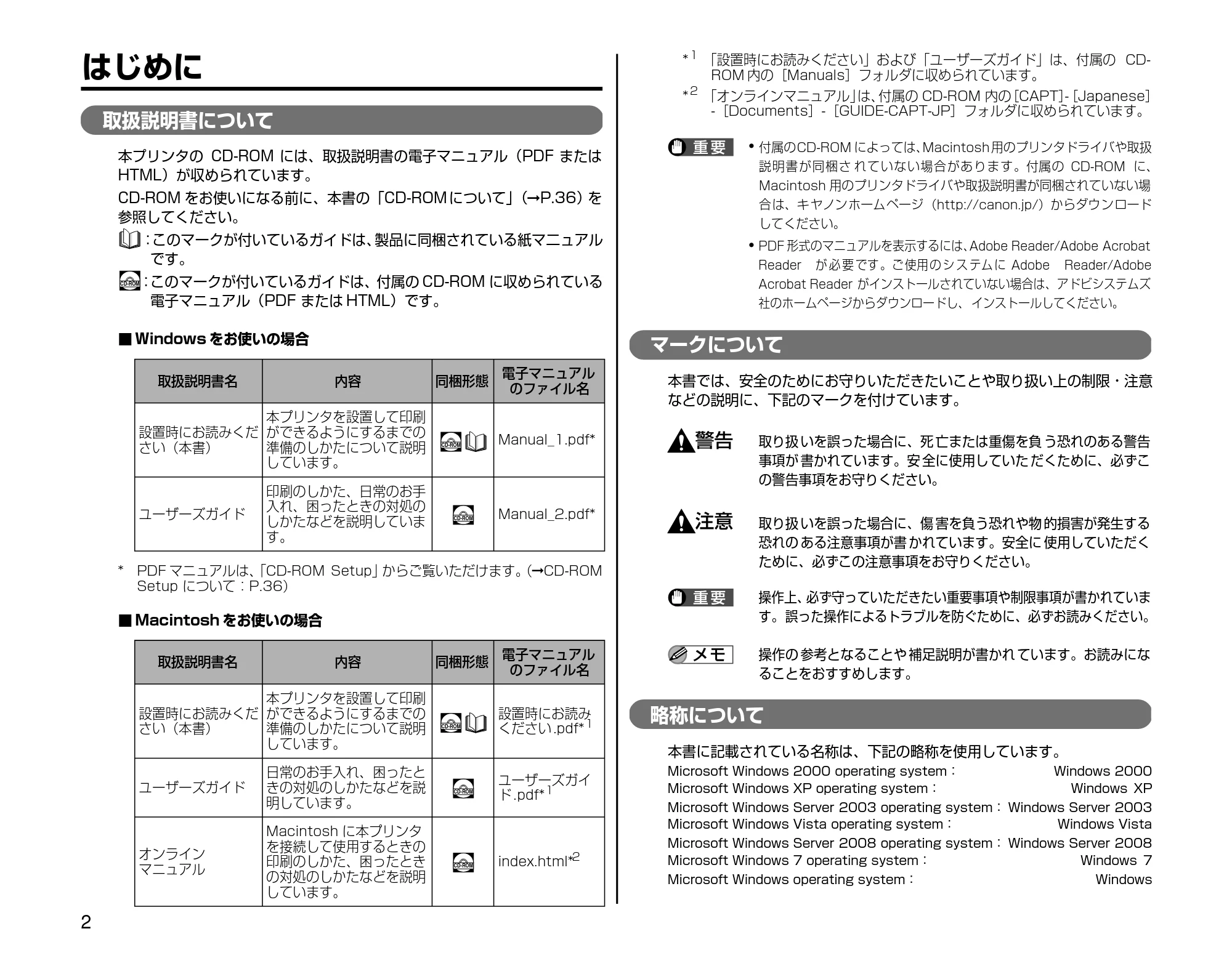 キヤノン LBP3000/3000B 設置時にお読みください 2010年3月11日更新 （PDF形式／2.16Mバイト） — はじめに — 原本ページ — 2ページ
