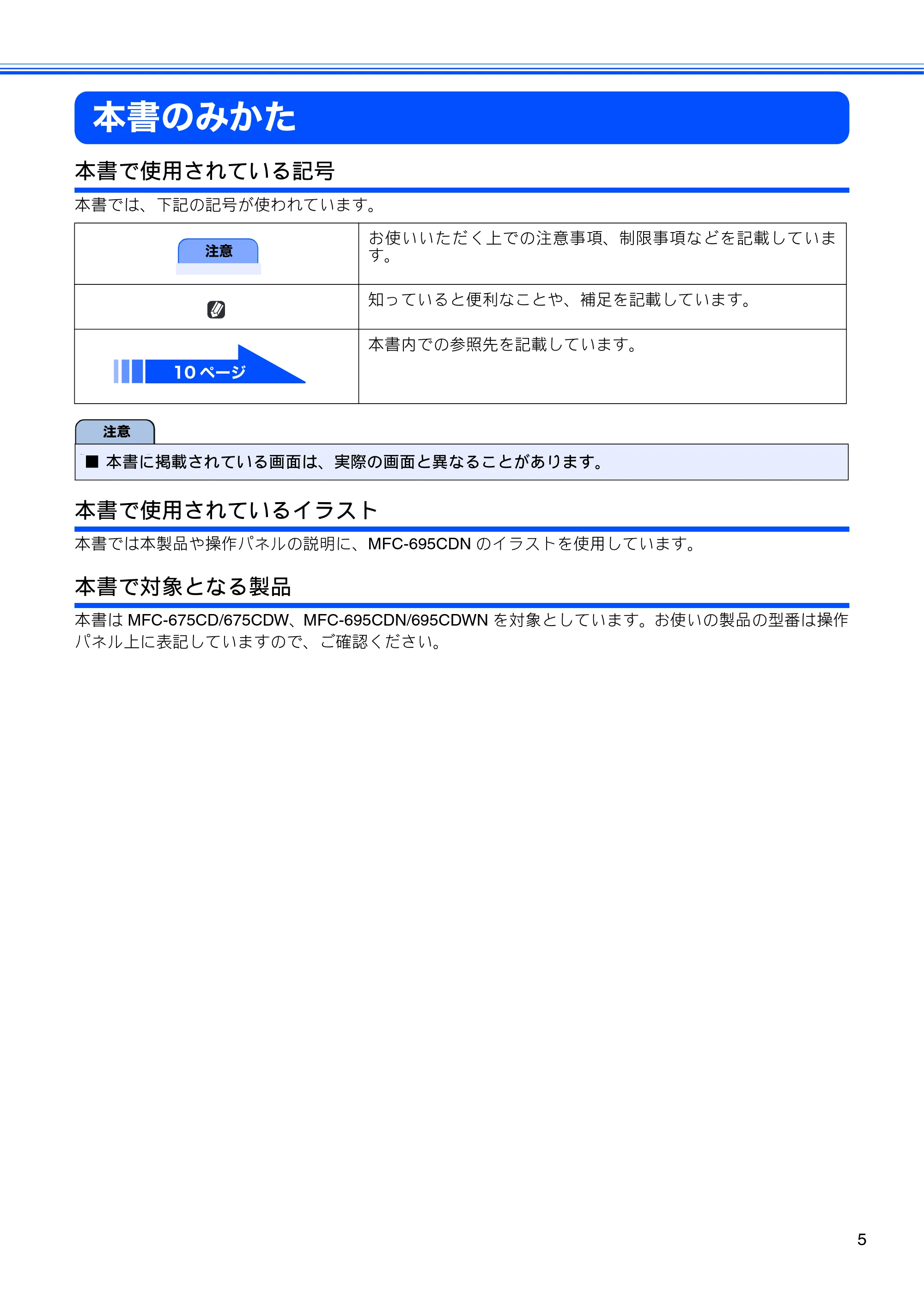 ブラザー MFC-675CD / MFC-675CDW / MFC-695CDN / MFC-695CDWN ユーザーズガイド ~基本編~ — 本書のみかた — 原本ページ — 7ページ